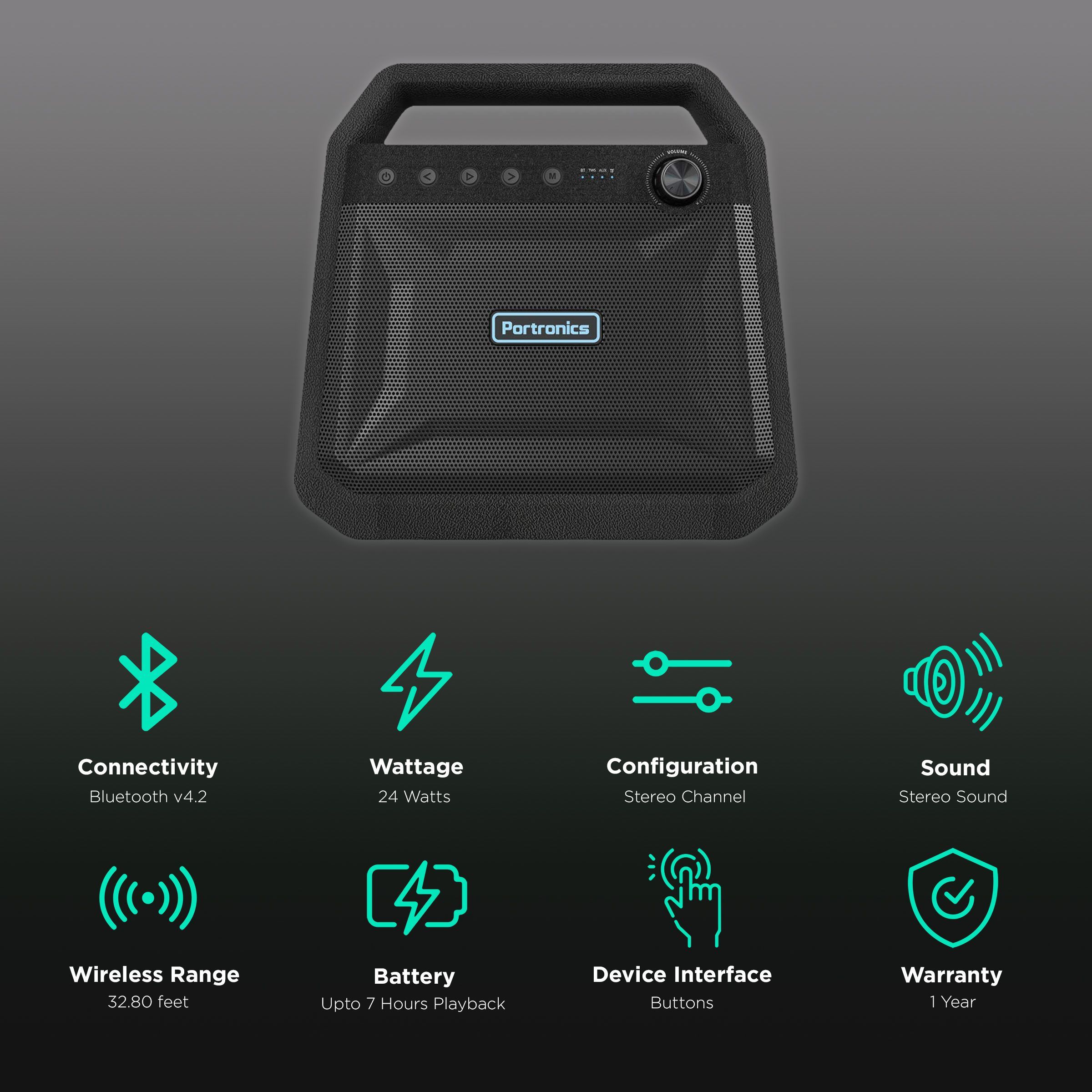 PORTRONICS Roar 24W Portable Bluetooth Speaker (7 Hours Playtime, Black)_2