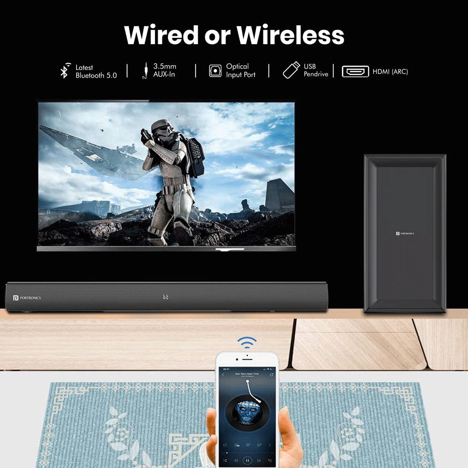 PORTRONICS Pure Sound 102 160W Bluetooth Soundbar with Remote (Surround Sound, 2.1 Channel, Black) PORTRONICS Pure Sound 102 160W Bluetooth Soundbar with Remote (Surround Sound, 2.1 Channel, Black)_7