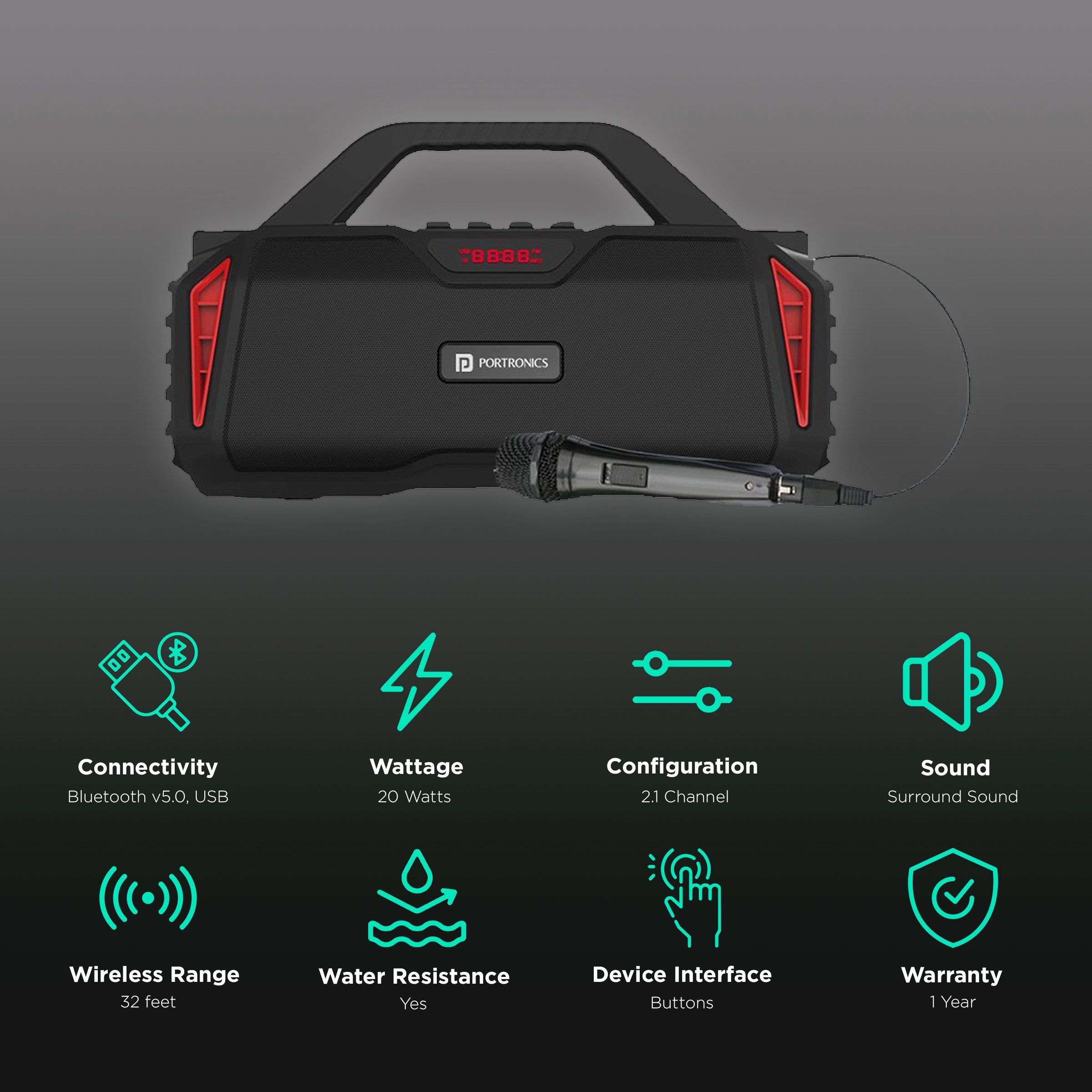 PORTRONICS Chime 20W Portable Bluetooth Speaker (8 Hours Playtime, 2.1 Channel, Red)_2