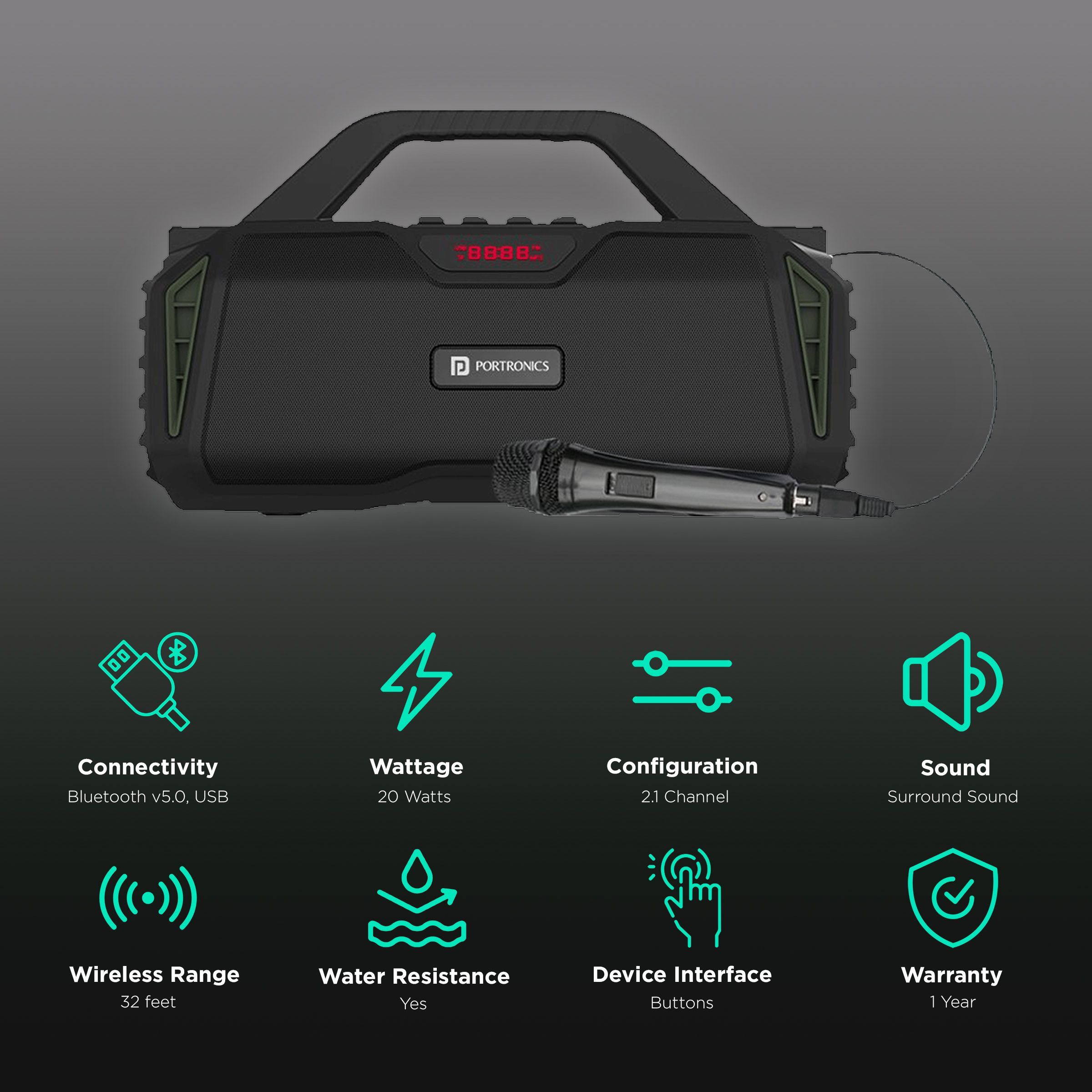 PORTRONICS Chime 20W Portable Bluetooth Speaker (Water Resistant, 8 Hours Playtime, 2.1 Channel, Green)_2