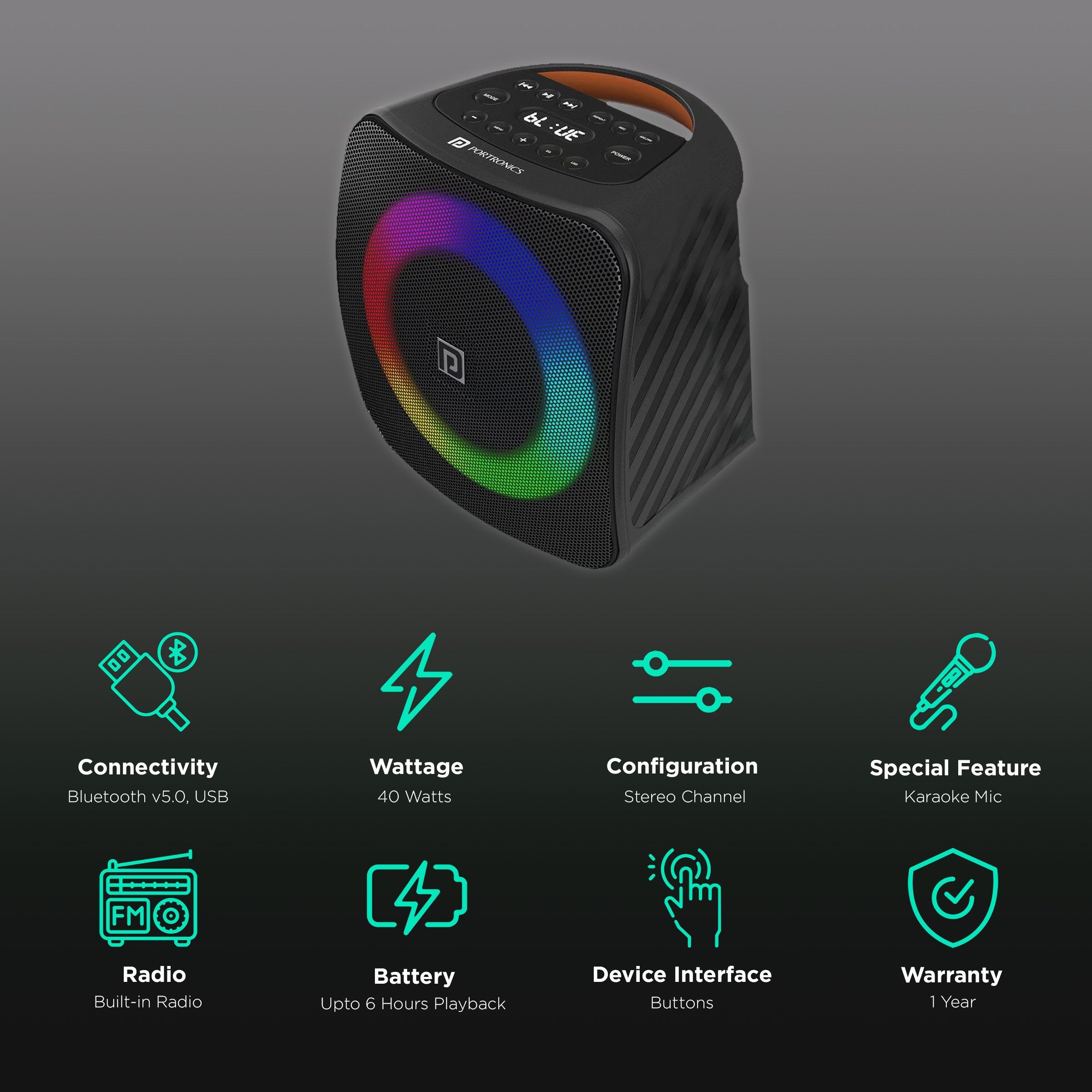 PORTRONICS Dash 40W Portable Bluetooth Speaker (6 Hours Playtime, Black)_2