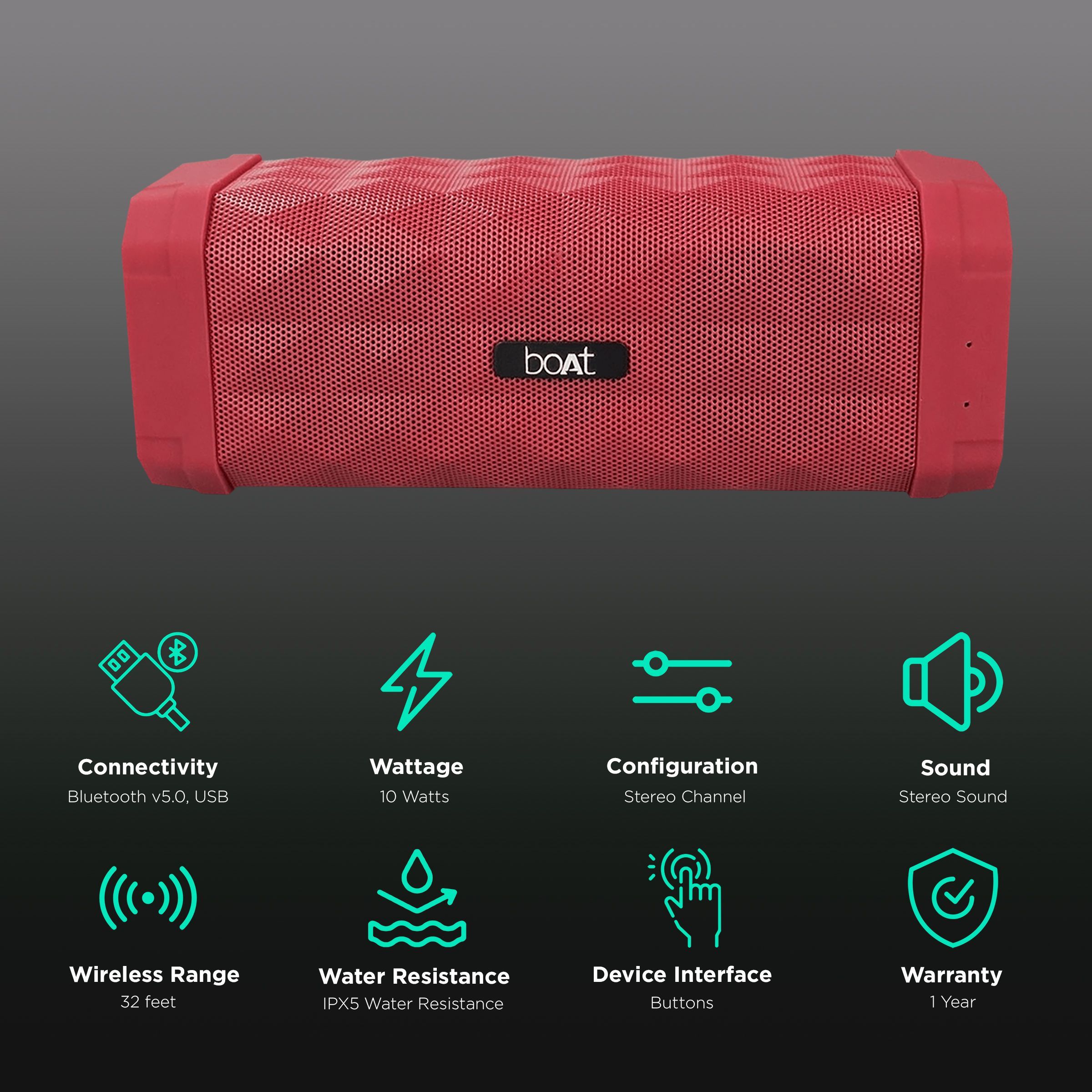 boAt Stone 650R 10W Portable Bluetooth Speaker (IPX5 Water Resistant, 7 Hours Playtime, Stereo Channel, Red)_2
