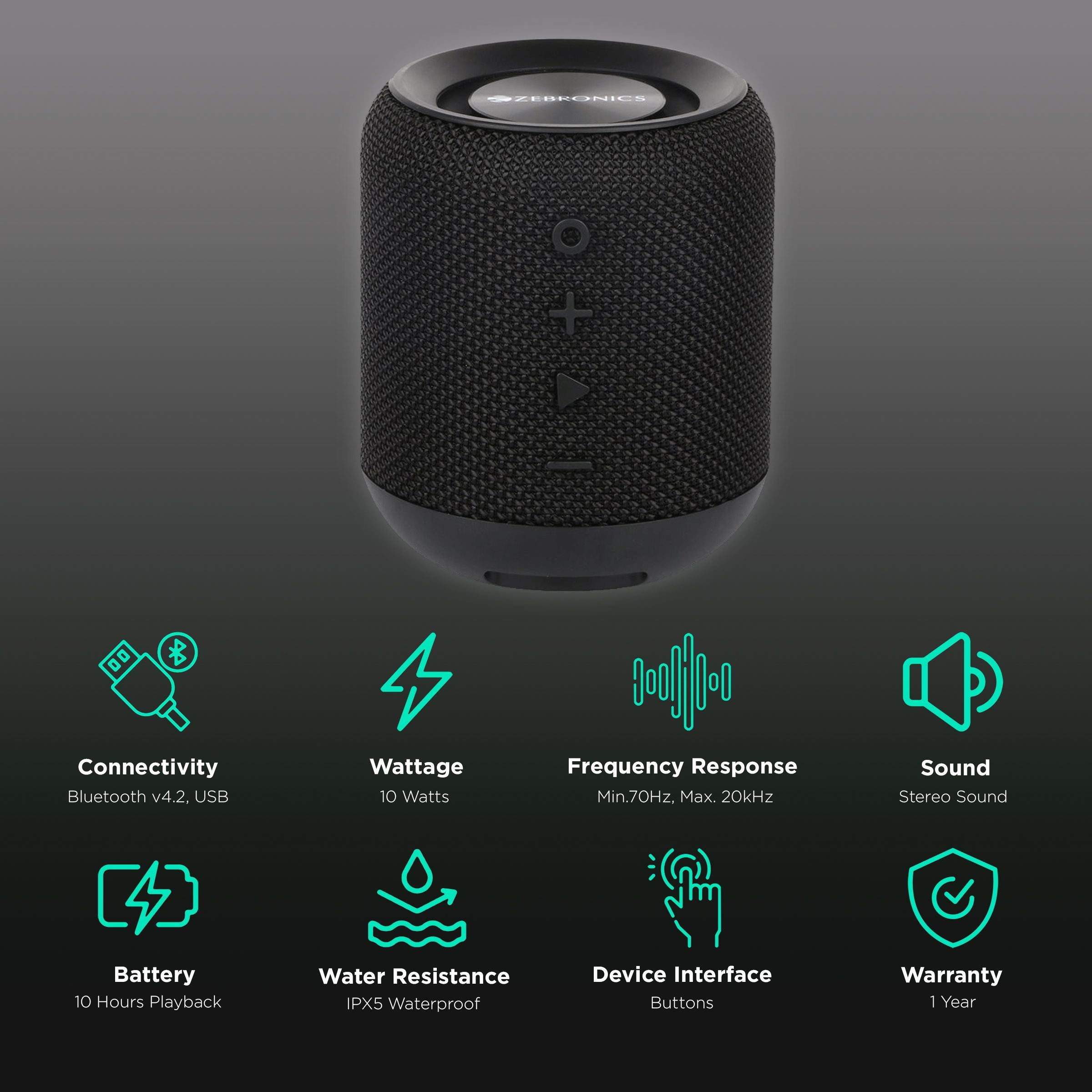 ZEBRONICS Zeb-Music Bomb 10W Portable Bluetooth Speaker (IPX5 Waterproof, 10 Hours Playtime, Black)_2
