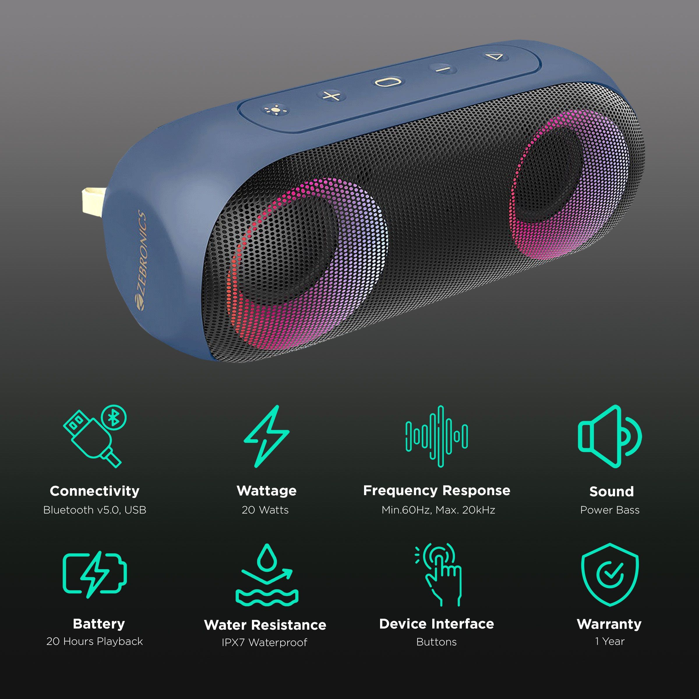 ZEBRONICS Zeb-Music Bomb X 20W Portable Bluetooth Speaker (IPX7 Waterproof, 20 Hours Playtime, Blue)_2