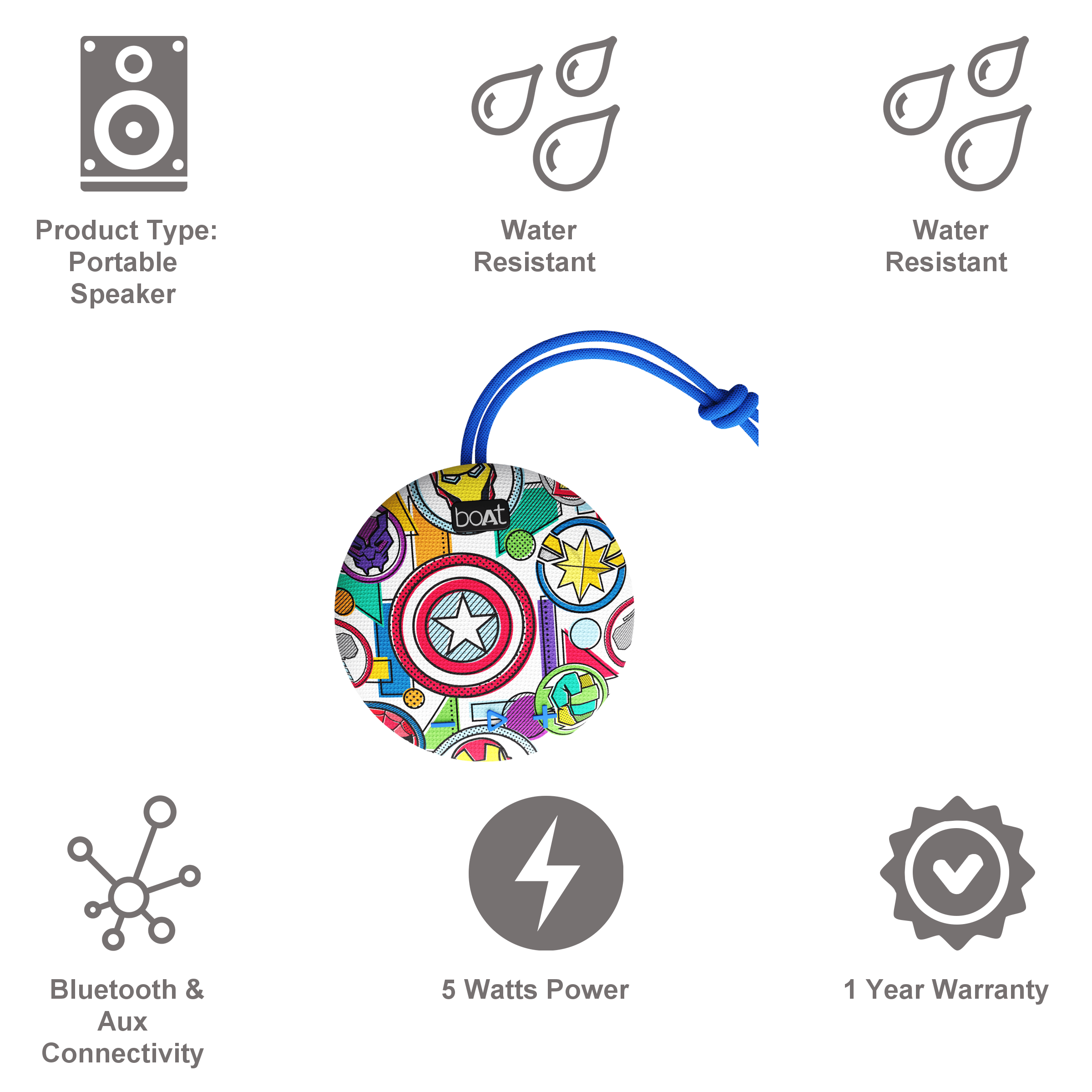 boAt Marvel Stone 190 5 Watts Portable Bluetooth Speaker (IPX7 Waterproof, 52mm Full Range Driver, Stark Fusion)_8