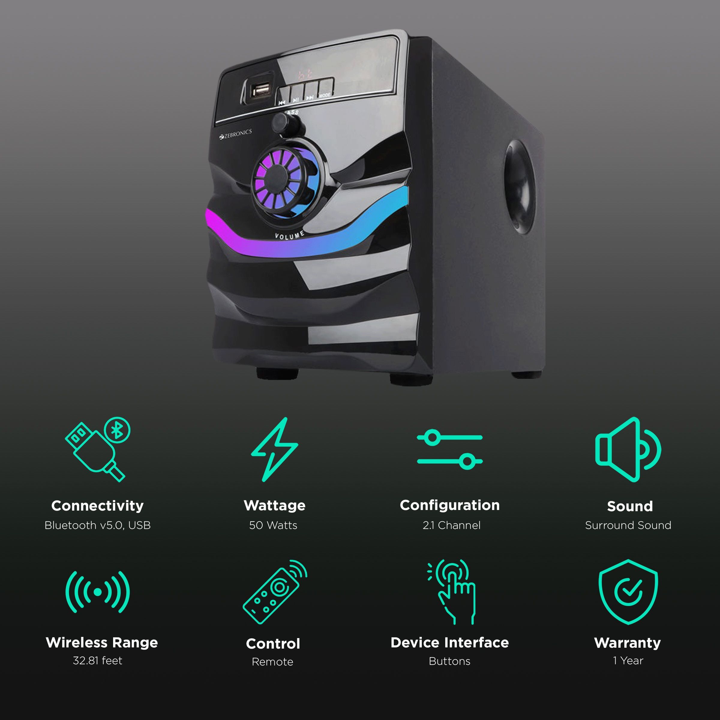 ZEBRONICS Zeb-Rainbow 50W Multimedia Speaker (Built-in FM Radio, 2.1 Channel, Black)_2