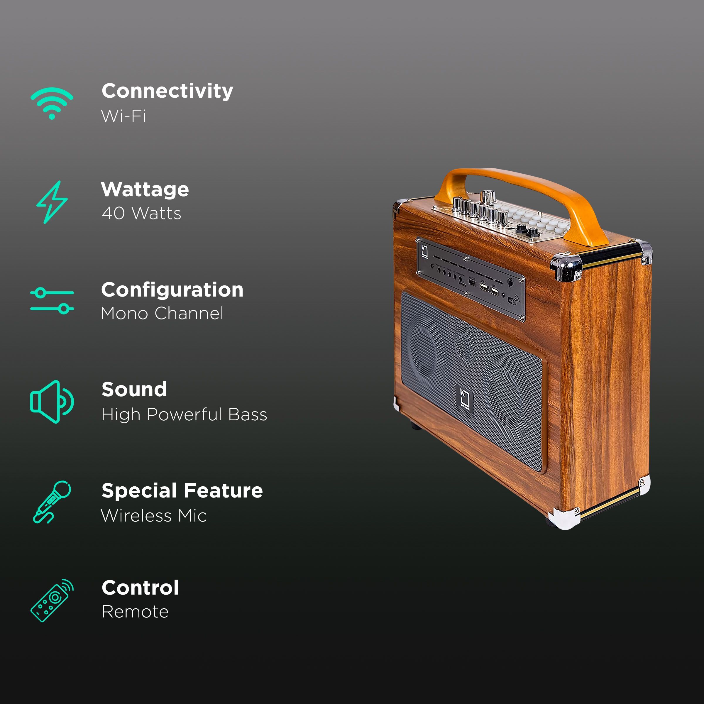 WHITE SQUARE 40W Bluetooth Party Speaker with Mic (High Powerful Bass, Mono Channel, Brown)_2