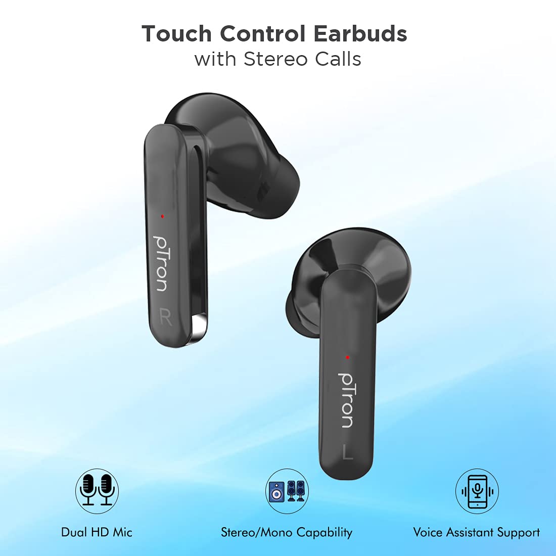pTron Bassbuds Duo 140318113 TWS Earbuds with Passive Noise Cancellation (IPX4 Water Resistant, 32 Hours Playtime, Black)_6