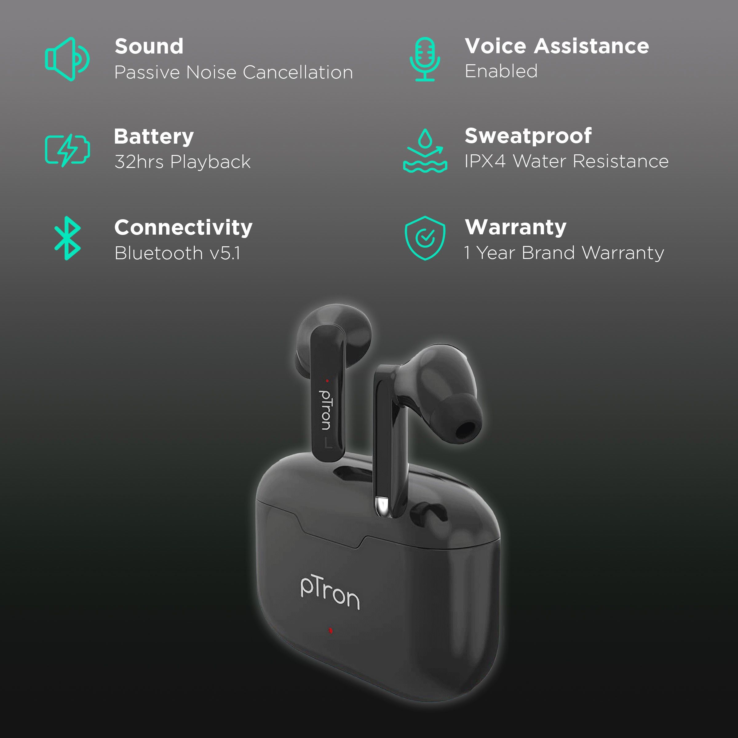 pTron Bassbuds Duo 140318113 TWS Earbuds with Passive Noise Cancellation (IPX4 Water Resistant, 32 Hours Playtime, Black)_2