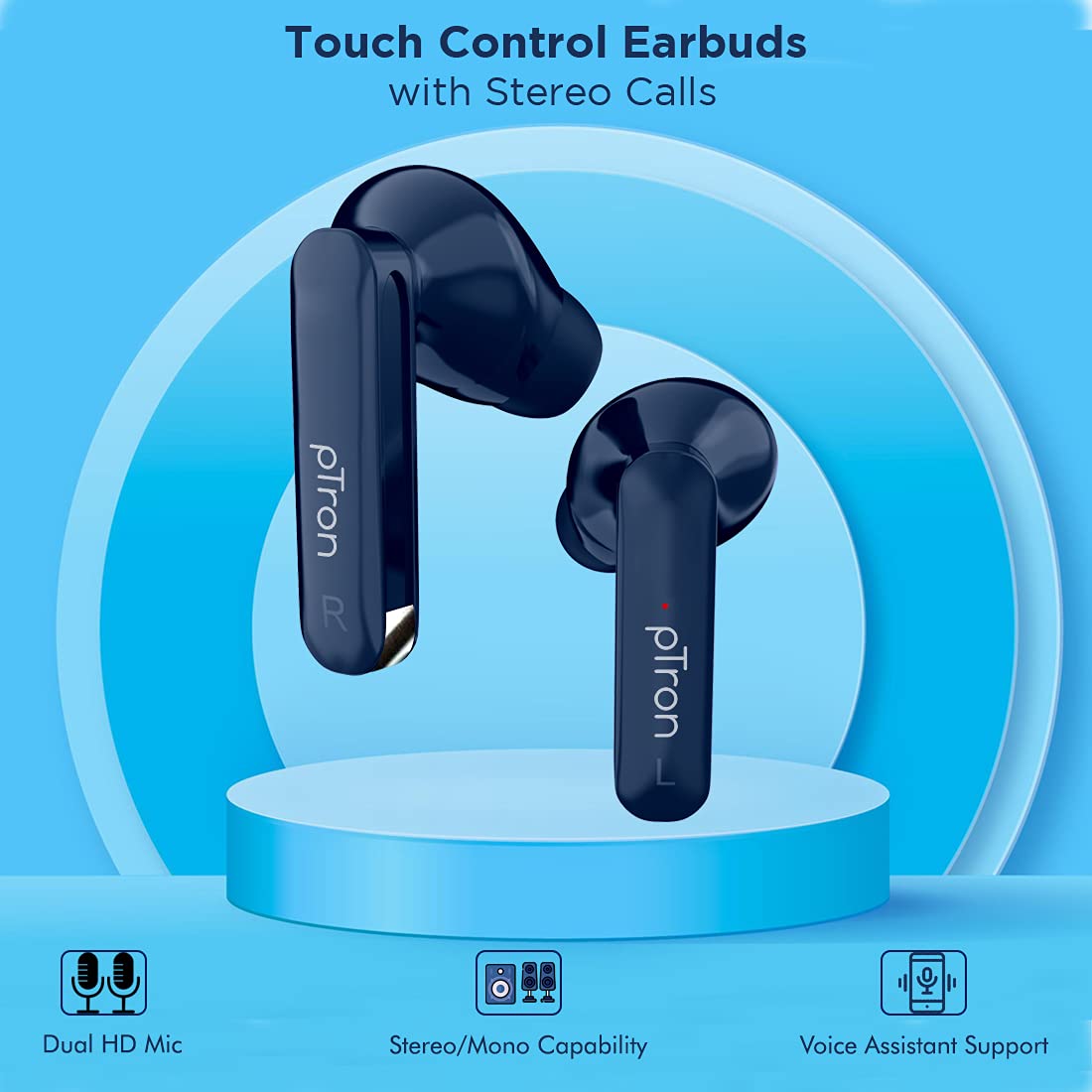 pTron Bassbuds Duo 140318093 TWS Earbuds with Passive Noise Cancellation (IPX4 Water Resistant, 32 Hours Playback, Blue)_8
