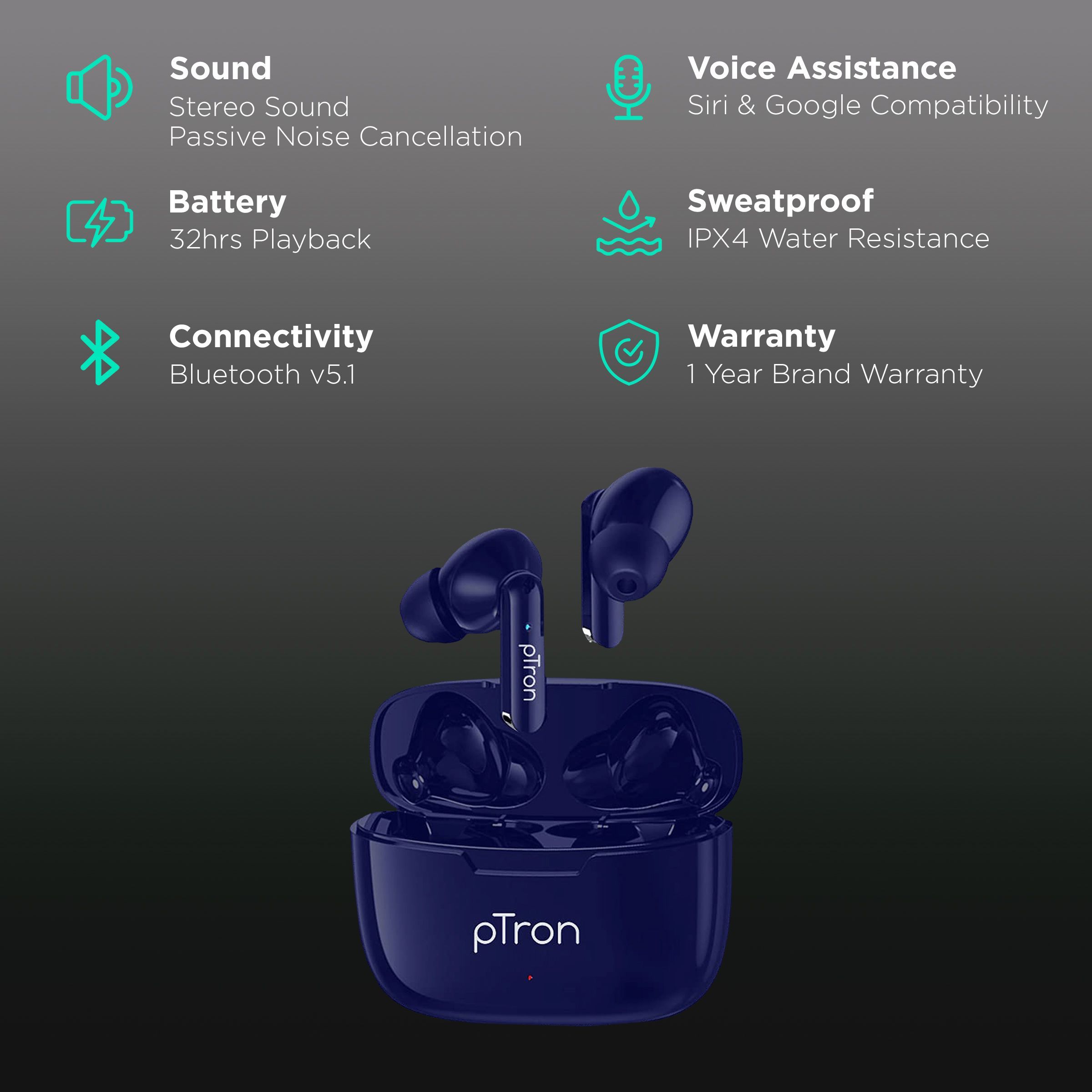 pTron Bassbuds Duo 140318093 TWS Earbuds with Passive Noise Cancellation (IPX4 Water Resistant, 32 Hours Playback, Blue)_2