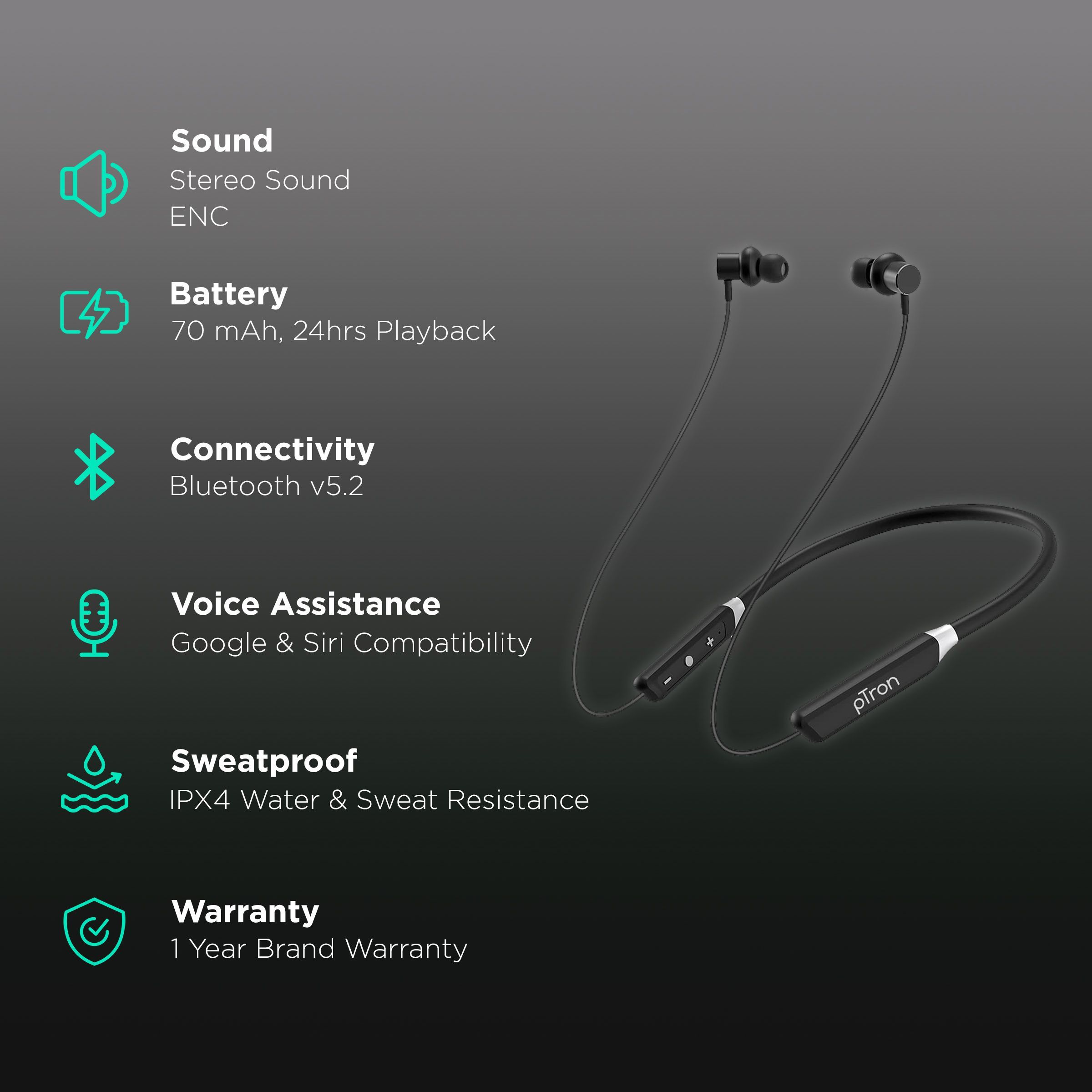 pTron InTunes Pro 140318118 Neckband with Environmental Noise Cancellation (IPX4 Sweat & Water Resistant, 24 Hours Playtime, Black)_2