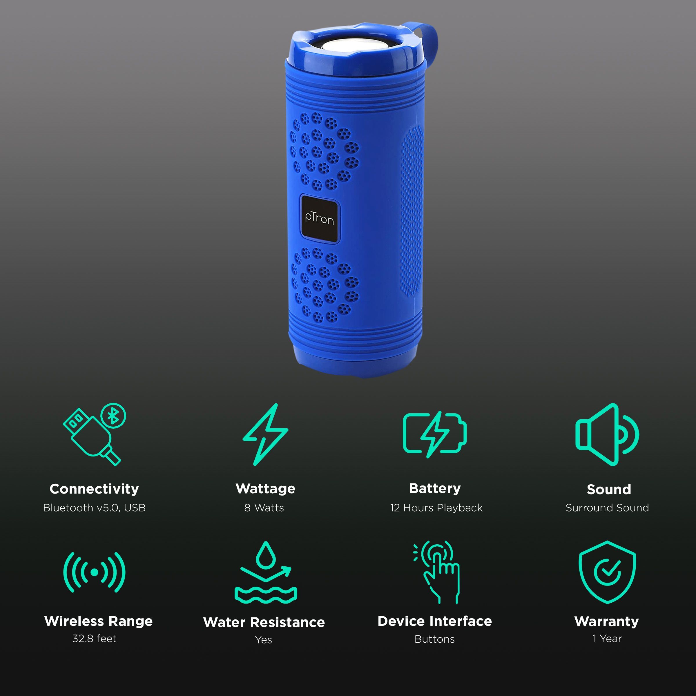 pTron Quinto Evo 8W Portable Bluetooth Speaker (Water Resistant, 12 Hours Playtime, Blue)_2