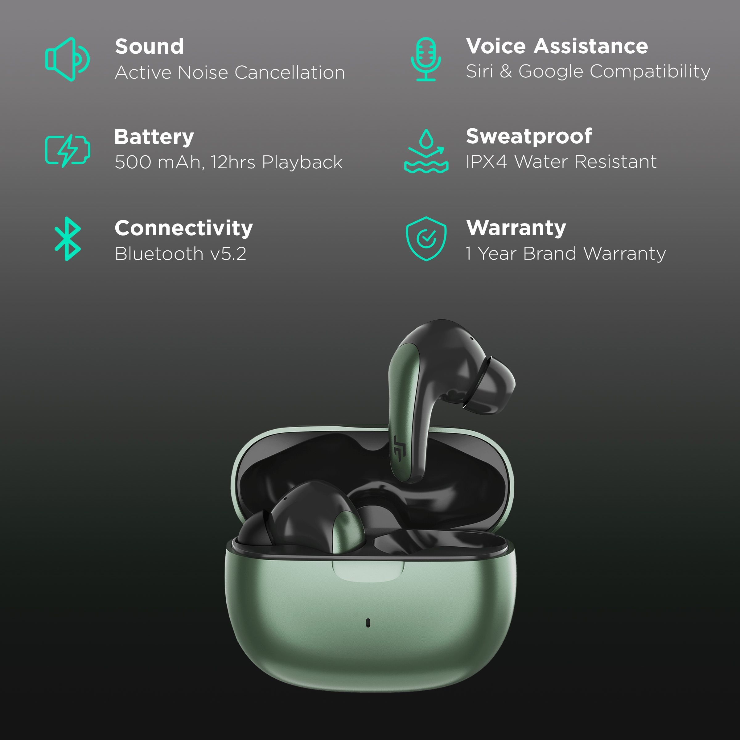 CROSSBEATS Epic Lite TWS Earbuds with Active Noise Cancellation (IPX4 Water Resistant, 12 Hours Playback, Urban Green)_2