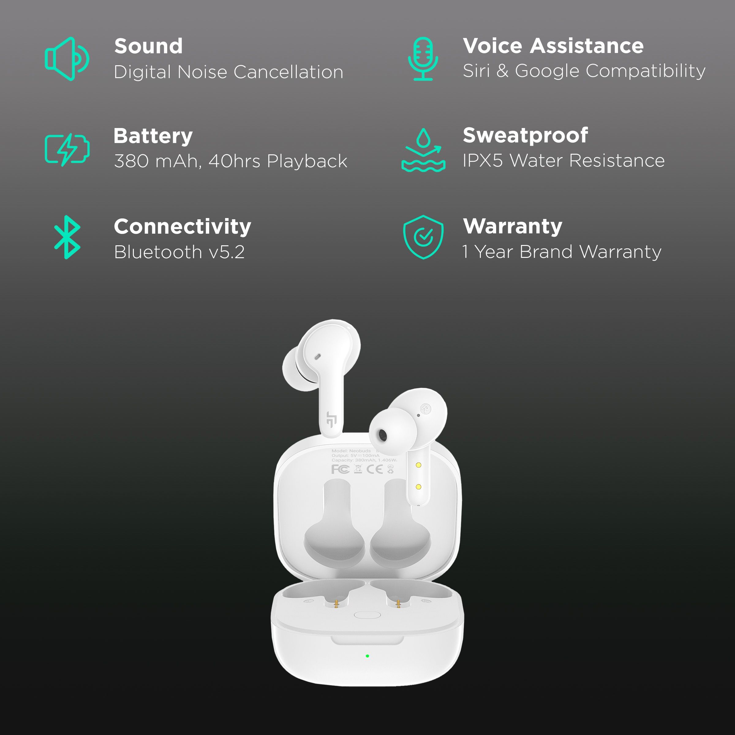 CROSSBEATS Neobuds TWS Earbuds with Environmental Noise Cancellation (IPX5 Water Resistant, 40 Hours Playback, White)_2