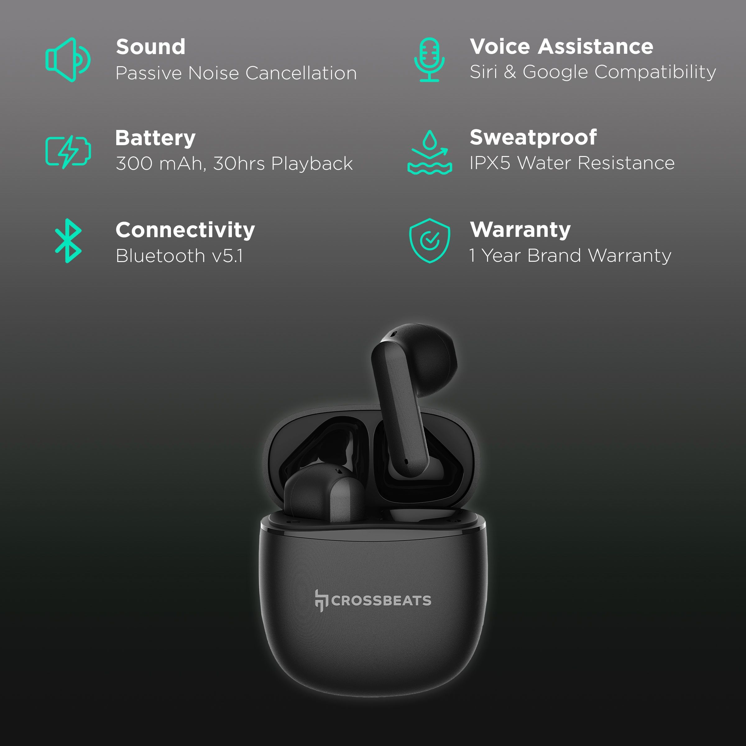 CROSSBEATS Airpop TWS Earbuds with Passive Noise Cancellation (IPX5 Water Resistant, 30 Hours Playback, Black)_2
