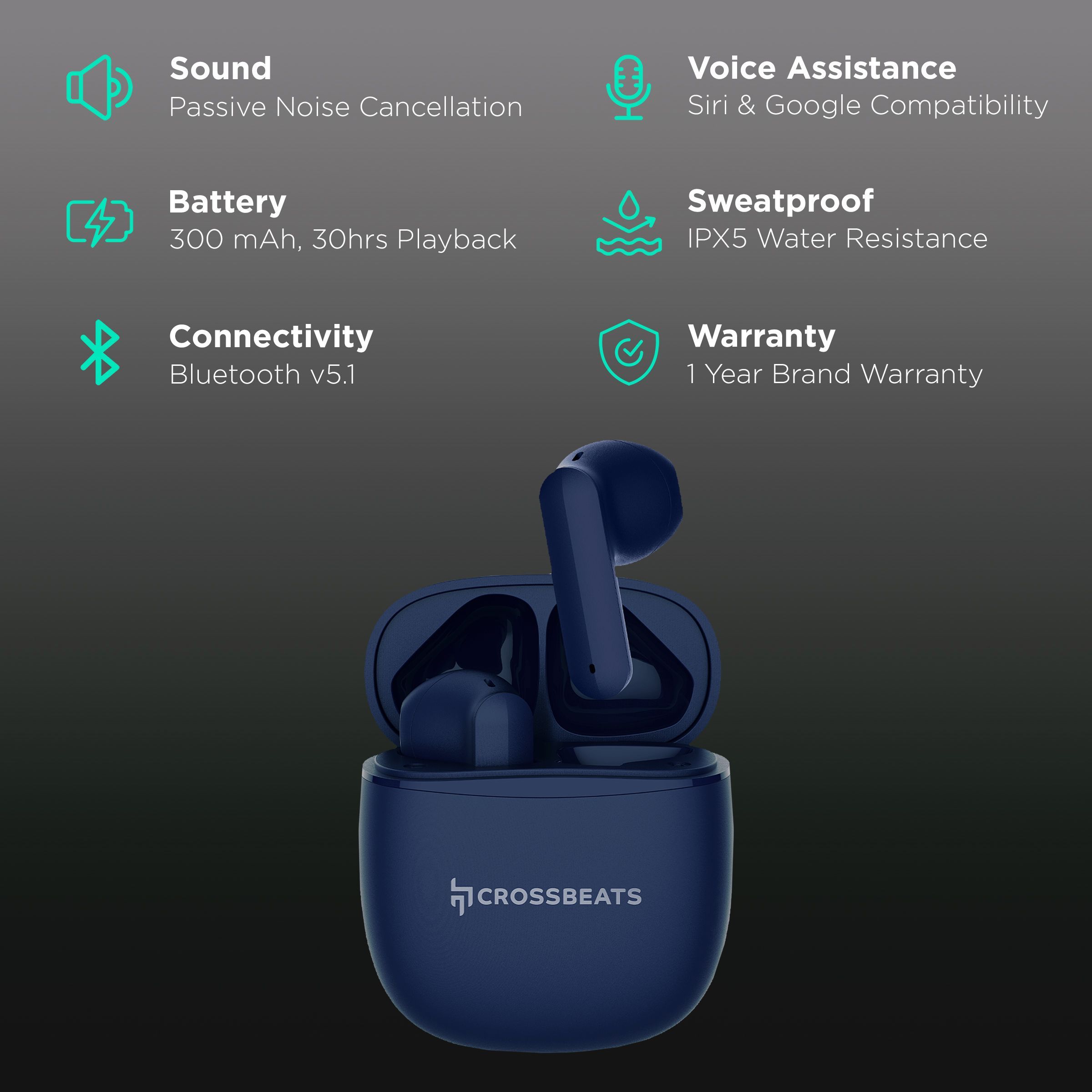 CROSSBEATS Airpop TWS Earbuds with Passive Noise Cancellation (IPX5 Water Resistant, 30 Hours Playback, Dark Blue)_2