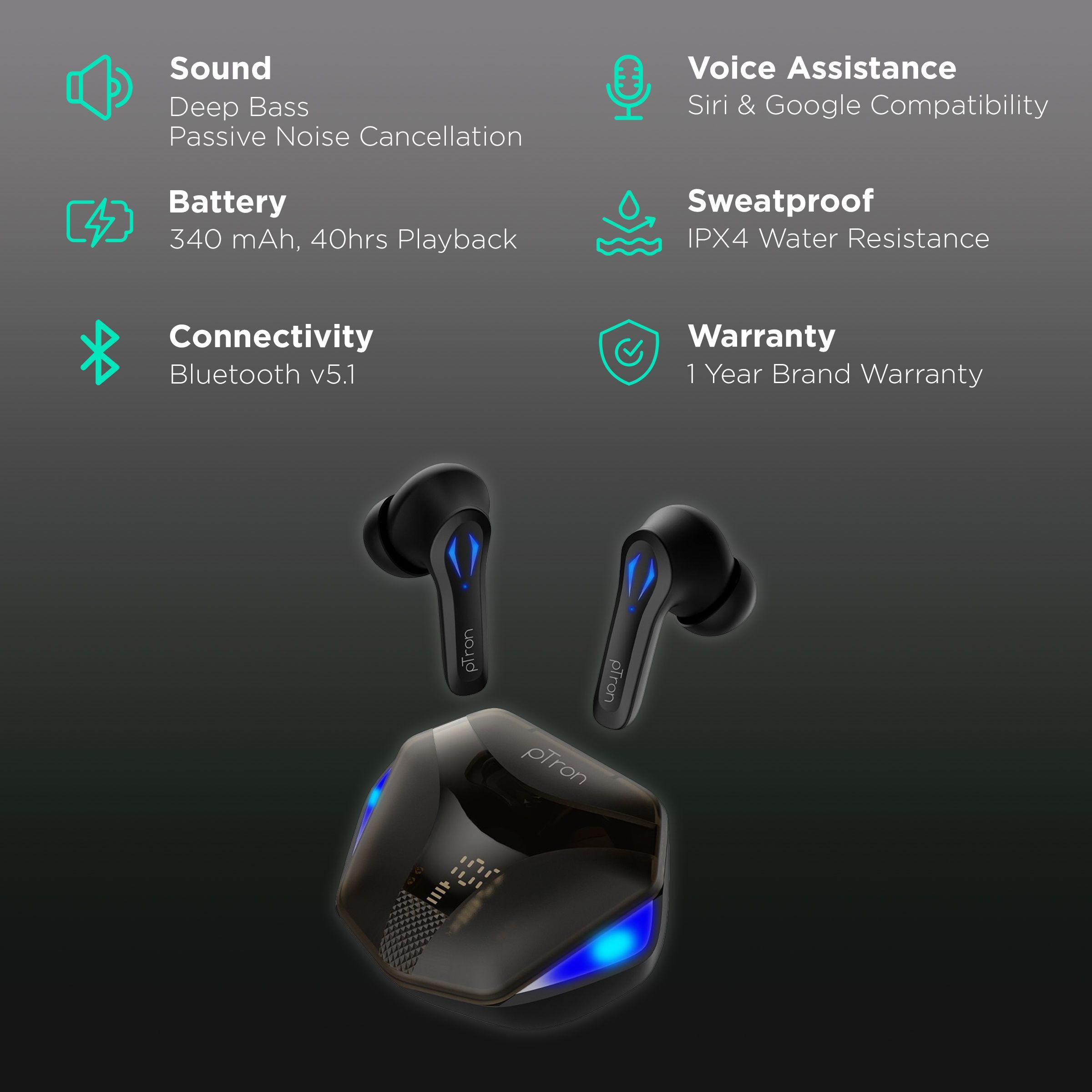 pTron Basspods 681 140317984 TWS Earbuds with Passive Noise Cancellation (IPX4 Sweat & Water Resistant, 40 Hours Playback, Black) pTron Basspods 681 140317984 TWS Earbuds with Passive Noise Cancellation (IPX4 Sweat & Water Resistant, 40 Hours Playback, Black)_2