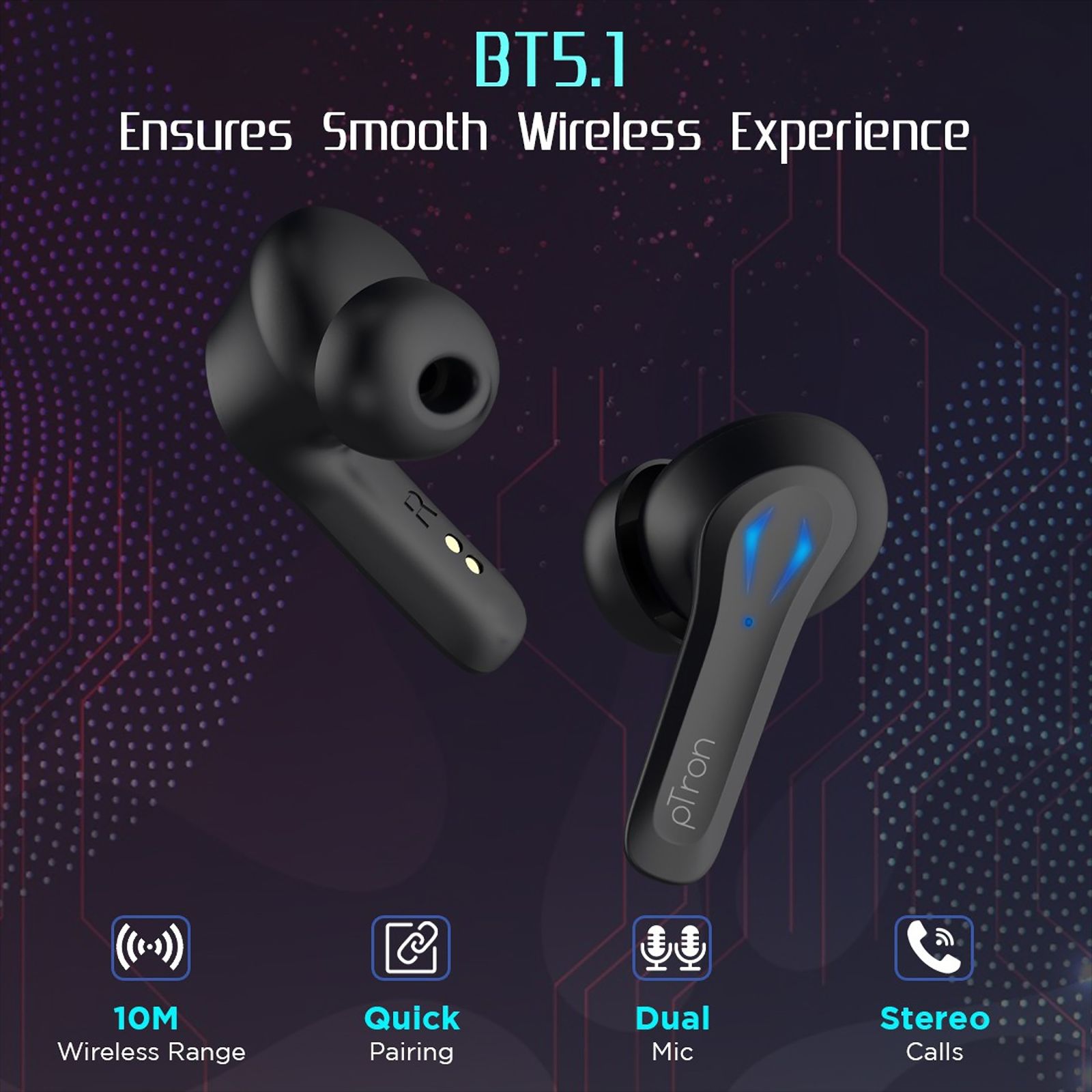 pTron Basspods 681 140317984 TWS Earbuds with Passive Noise Cancellation (IPX4 Sweat & Water Resistant, 40 Hours Playback, Black) pTron Basspods 681 140317984 TWS Earbuds with Passive Noise Cancellation (IPX4 Sweat & Water Resistant, 40 Hours Playback, Black)_5