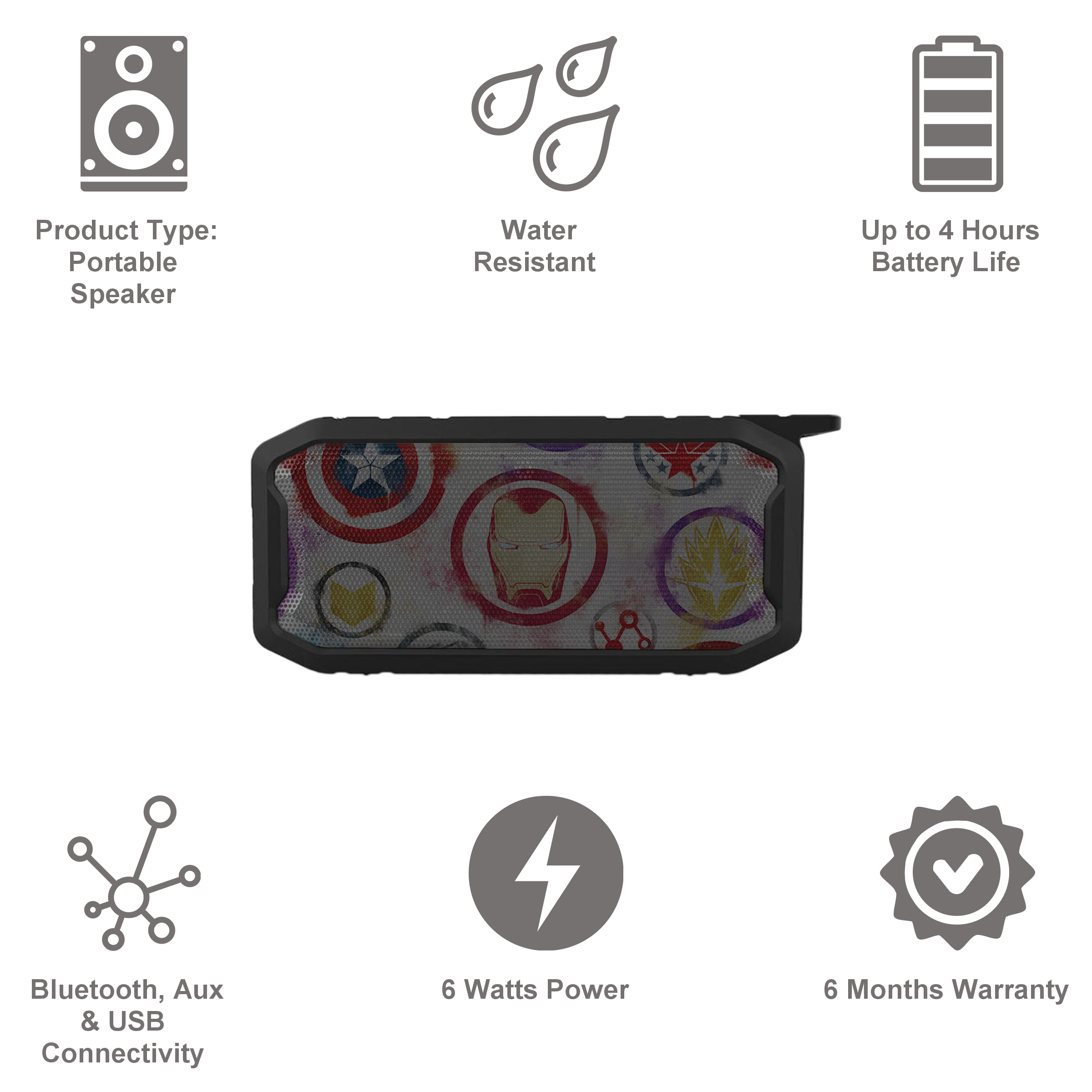 macmerise Avengers Icons Graffiti 6W Portable Bluetooth Speaker (IPX7 Water Resistant, TWS Compatibility, Stereo Channel, Multicolor)_8