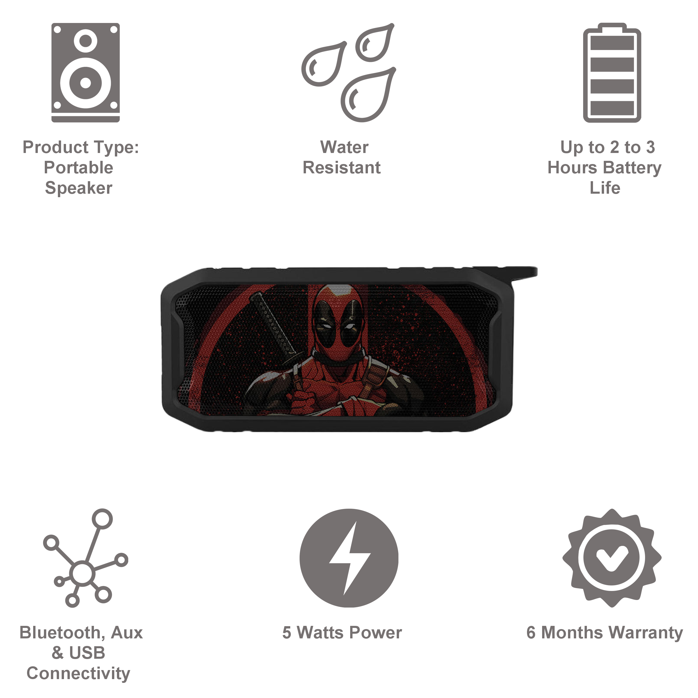 macmerise Deadpool Stance 6W Portable Bluetooth Speaker (IPX7 Water Resistant, TWS Compatibility, 2.1 Channel, Multicolor)_8