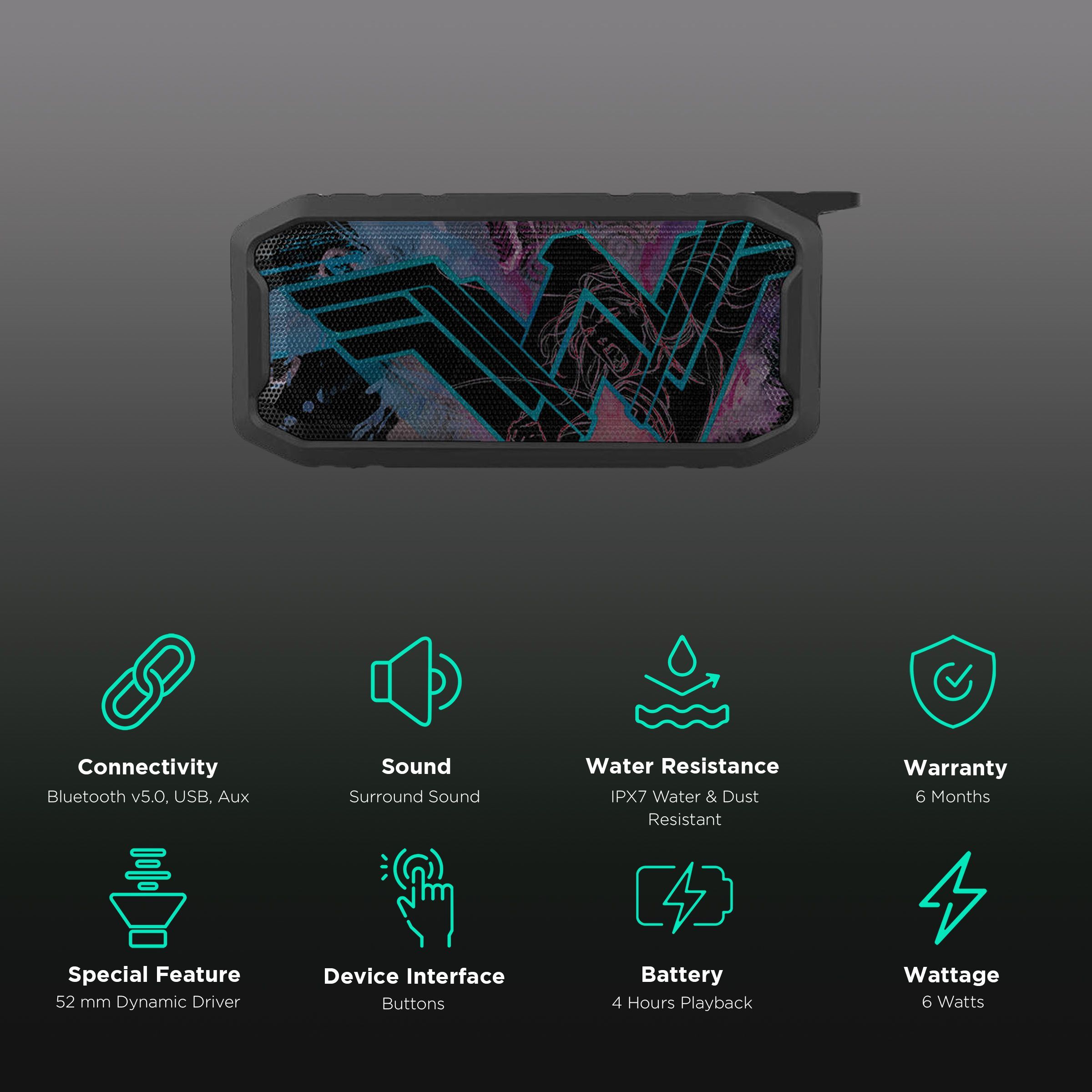 macmerise Wonder Woman Splash 6W Portable Bluetooth Speaker (IPX7 Water Resistant, TWS Compatibility, 5.1 Channel, Multicolor)_2