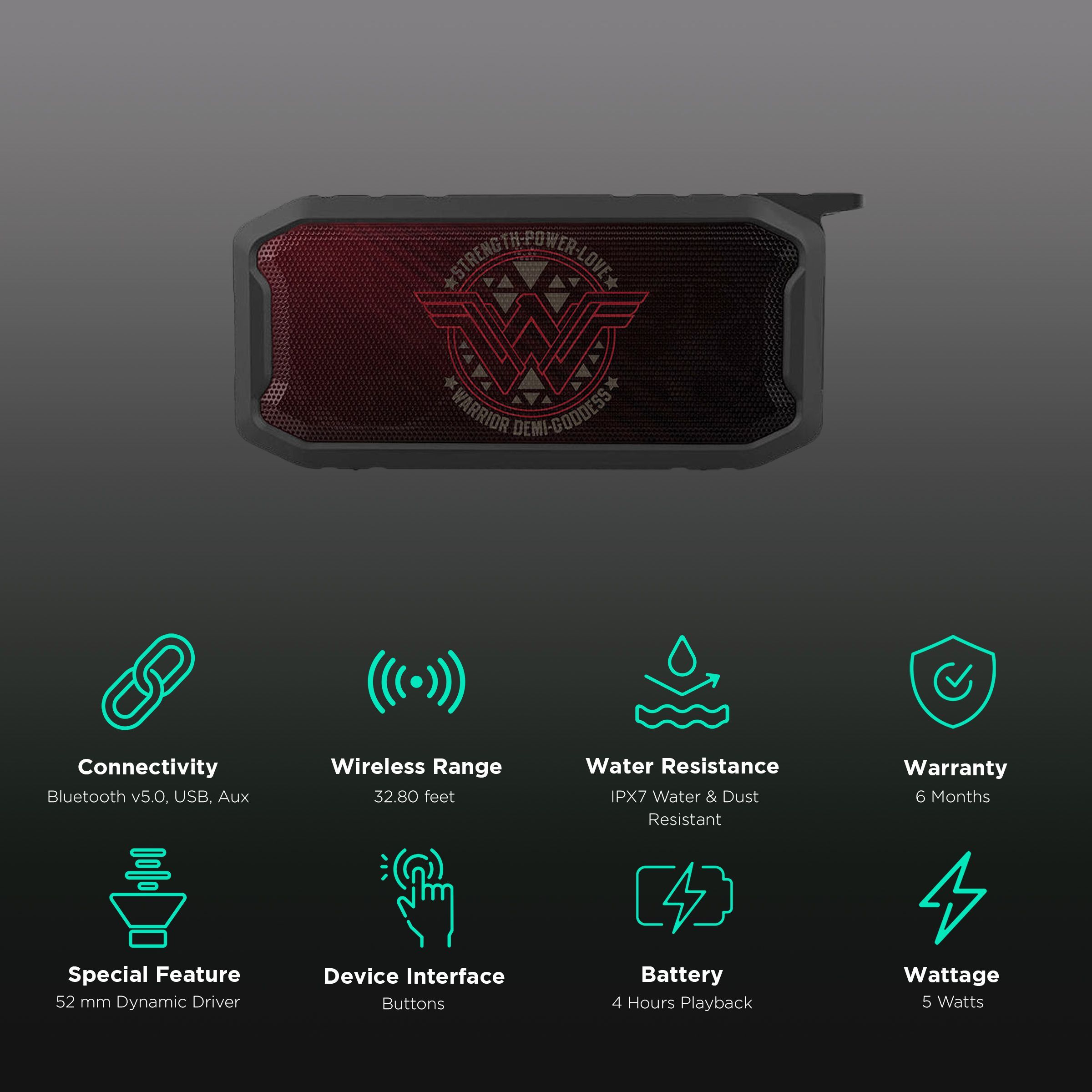 macmerise Wonder Woman Stamp 6W Portable Bluetooth Speaker (IPX7 Water Resistant, TWS Compatibility, Multicolor)_2