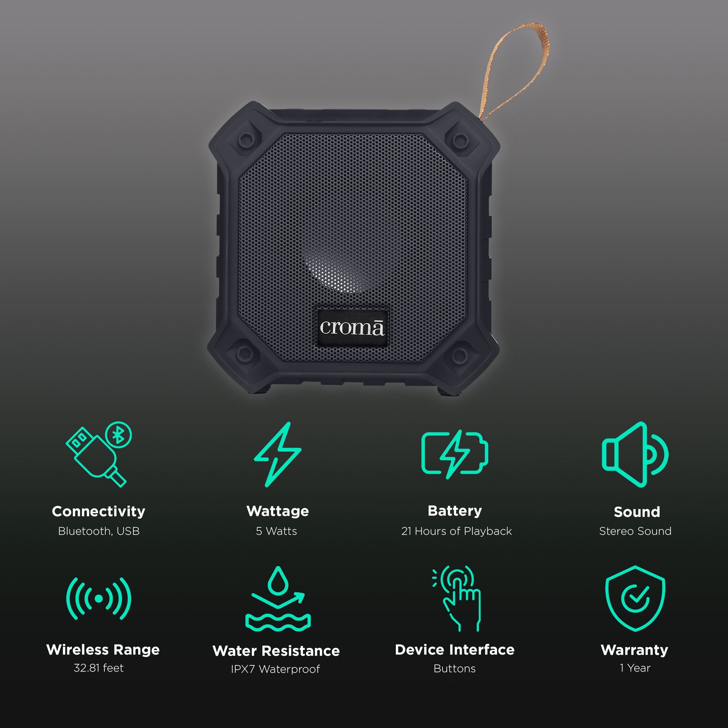 Croma 5W Portable Bluetooth Speaker (IPX7 Waterproof, High Bass, Black) Croma 5W Portable Bluetooth Speaker (IPX7 Waterproof, High Bass, Black)_2