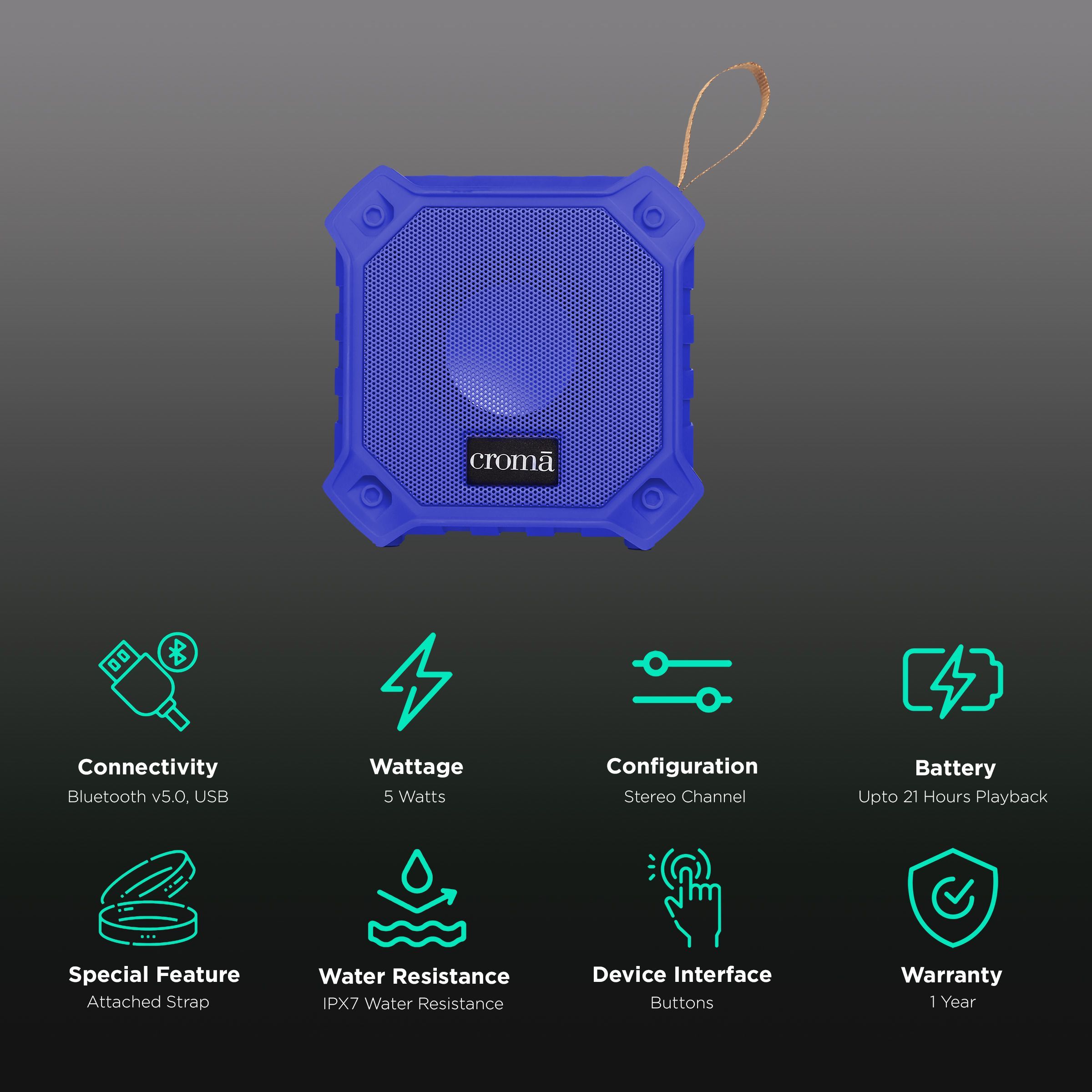Croma 5W Portable Bluetooth Speaker (IPX7 Water Resistant, Built-in Mic, Stereo Channel, Blue) Croma 5W Portable Bluetooth Speaker (IPX7 Water Resistant, Built-in Mic, Stereo Channel, Blue)_2