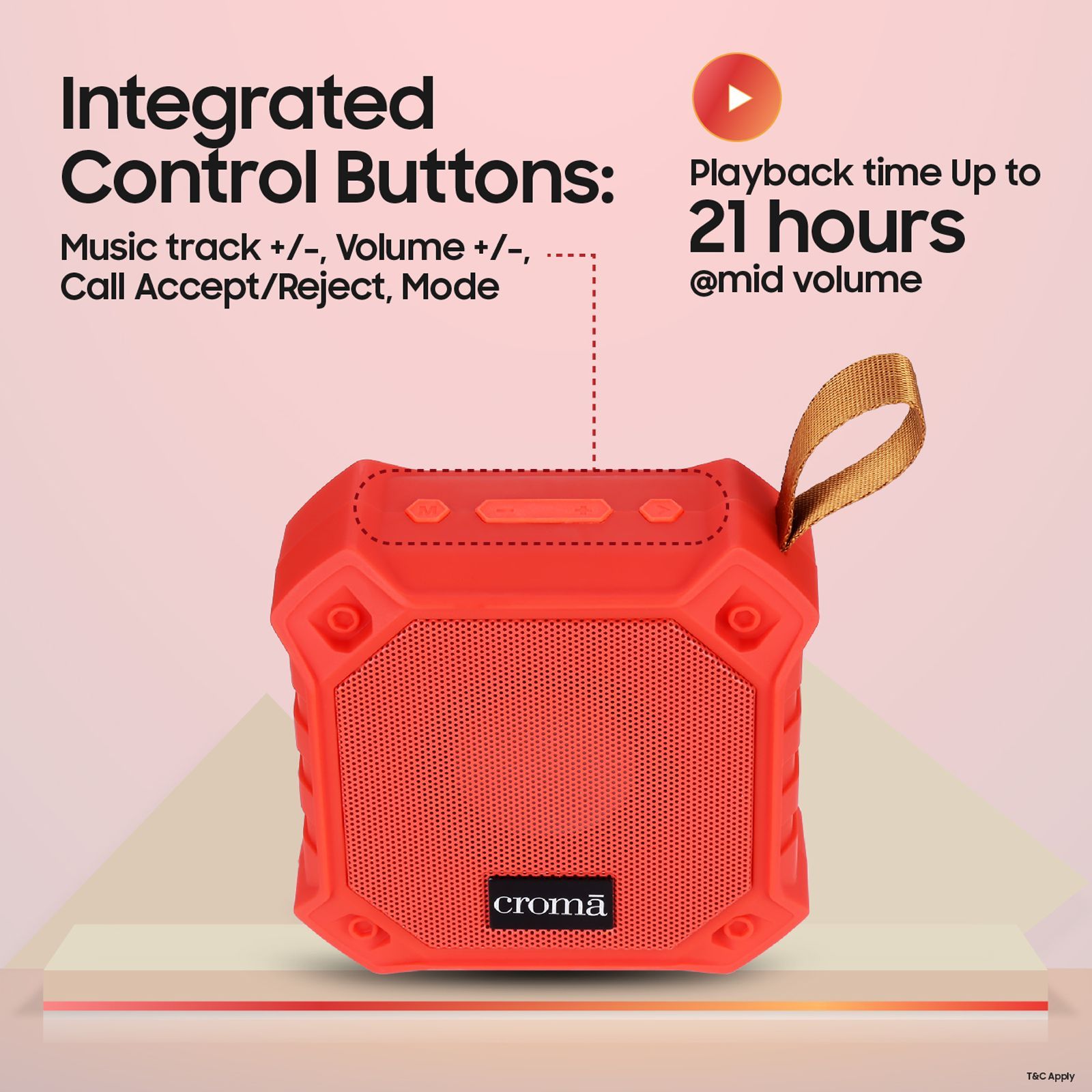 Croma 5W Portable Bluetooth Speaker (Water Resistant, Built-in Mic, Stereo Channel, Red)_6