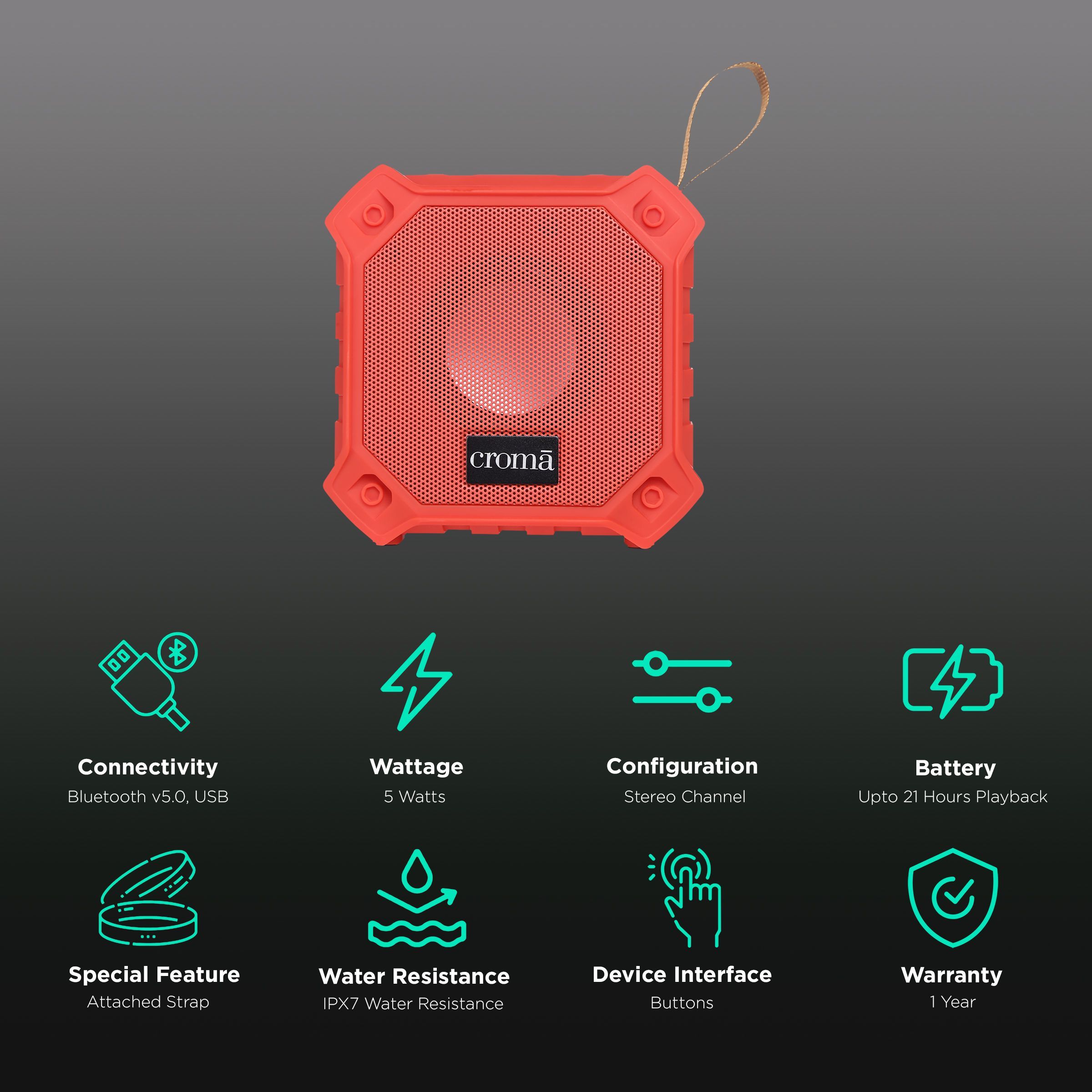 Croma 5W Portable Bluetooth Speaker (Water Resistant, Built-in Mic, Stereo Channel, Red)_2