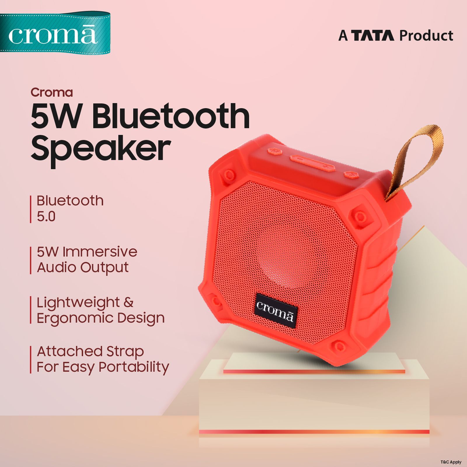 Croma 5W Portable Bluetooth Speaker (Water Resistant, Built-in Mic, Stereo Channel, Red)_4