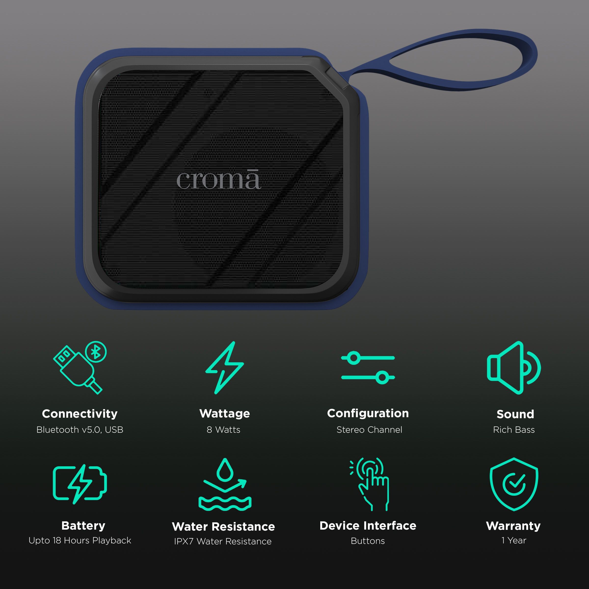 Croma 8W Portable Bluetooth Speaker (Water Resistant, Rich Bass, Stereo Channel, Blue) Croma 8W Portable Bluetooth Speaker (Water Resistant, Rich Bass, Stereo Channel, Blue)_2