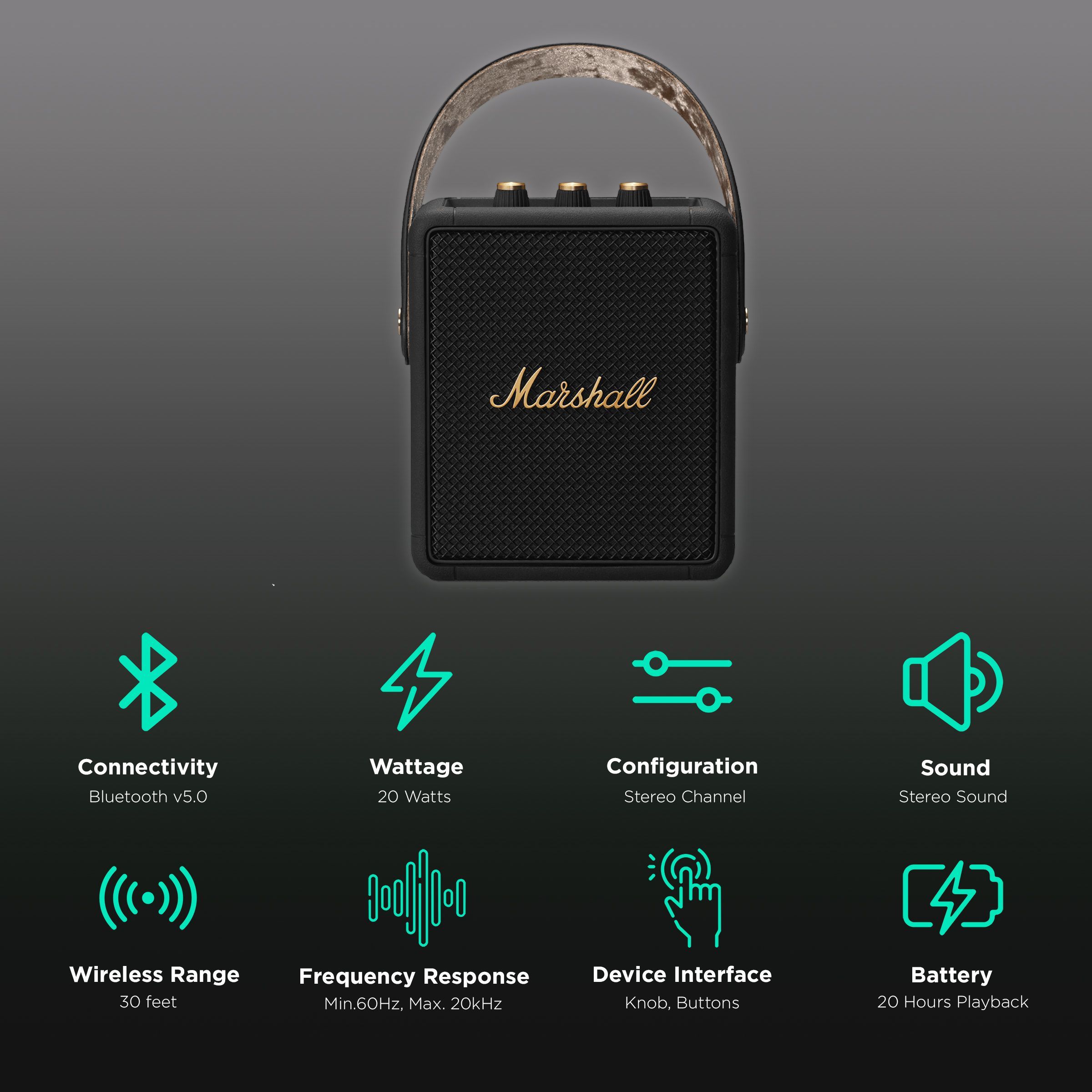 Marshall Stockwell II 20W Portable Bluetooth Speaker (IPX4 Water Resistant, 20 Hours Playtime, Stereo Channel, Black/Brass)_2