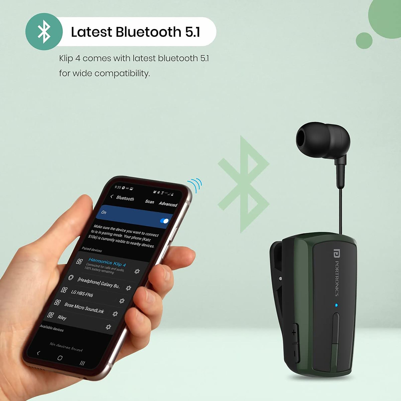 PORTRONICS Harmonics Klip 4 Bluetooth Headset with Mic (Upto 12 Hours Talk Time, In Ear, Green)_7