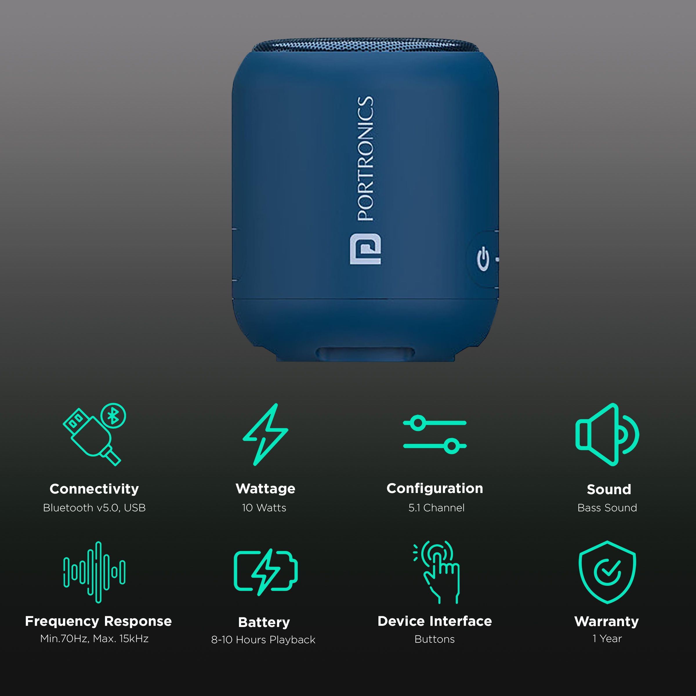 PORTRONICS Sound Drum 1 10W Portable Bluetooth Speaker (10 Hours Playtime, 5.1 Channel, Blue)_2
