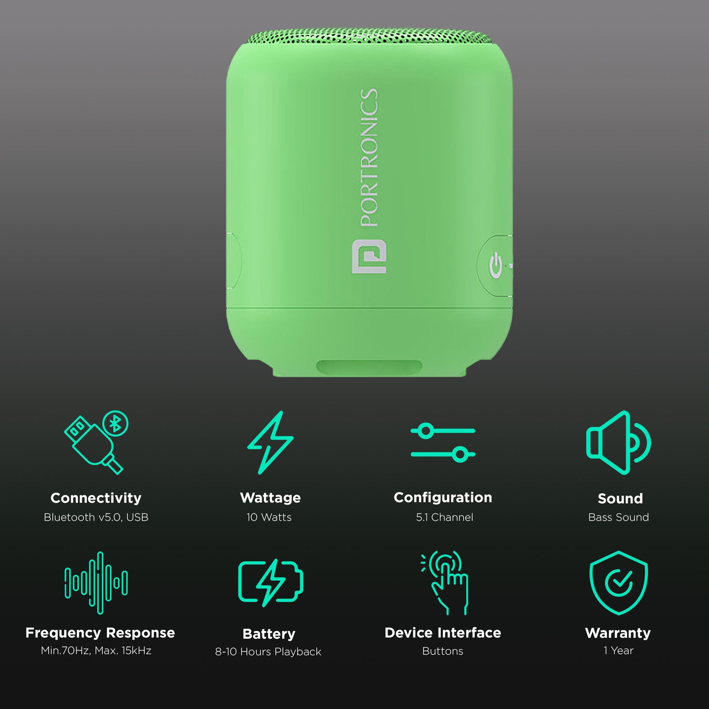 PORTRONICS Sound Drum 1 10W Portable Bluetooth Speaker (10 Hours Playtime, 5.1 Channel, Green)_2