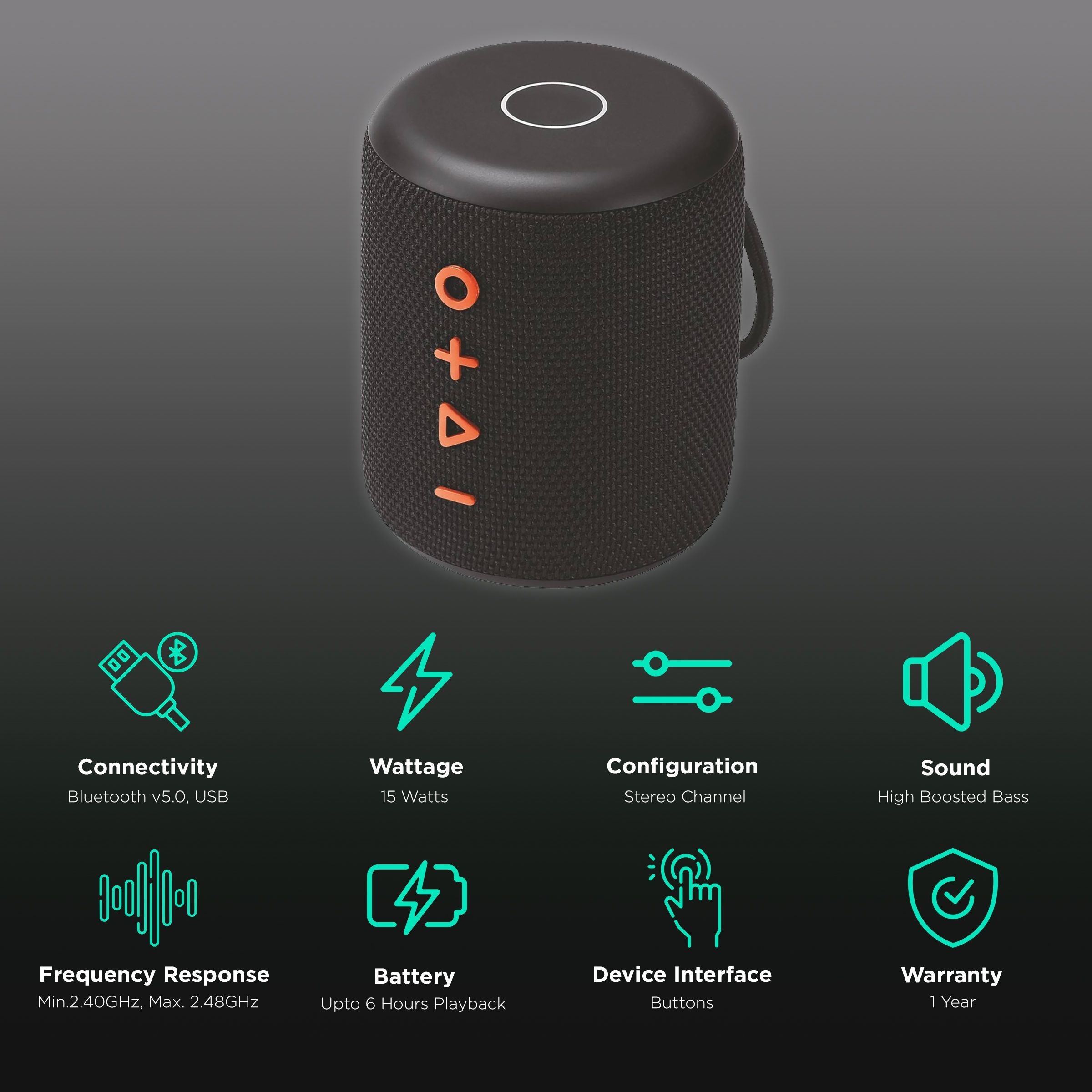 PORTRONICS Sound Drum Plus 15W Portable Bluetooth Speaker (IPX6 Water Resistant, 6 Hours Playtime, Black)_2