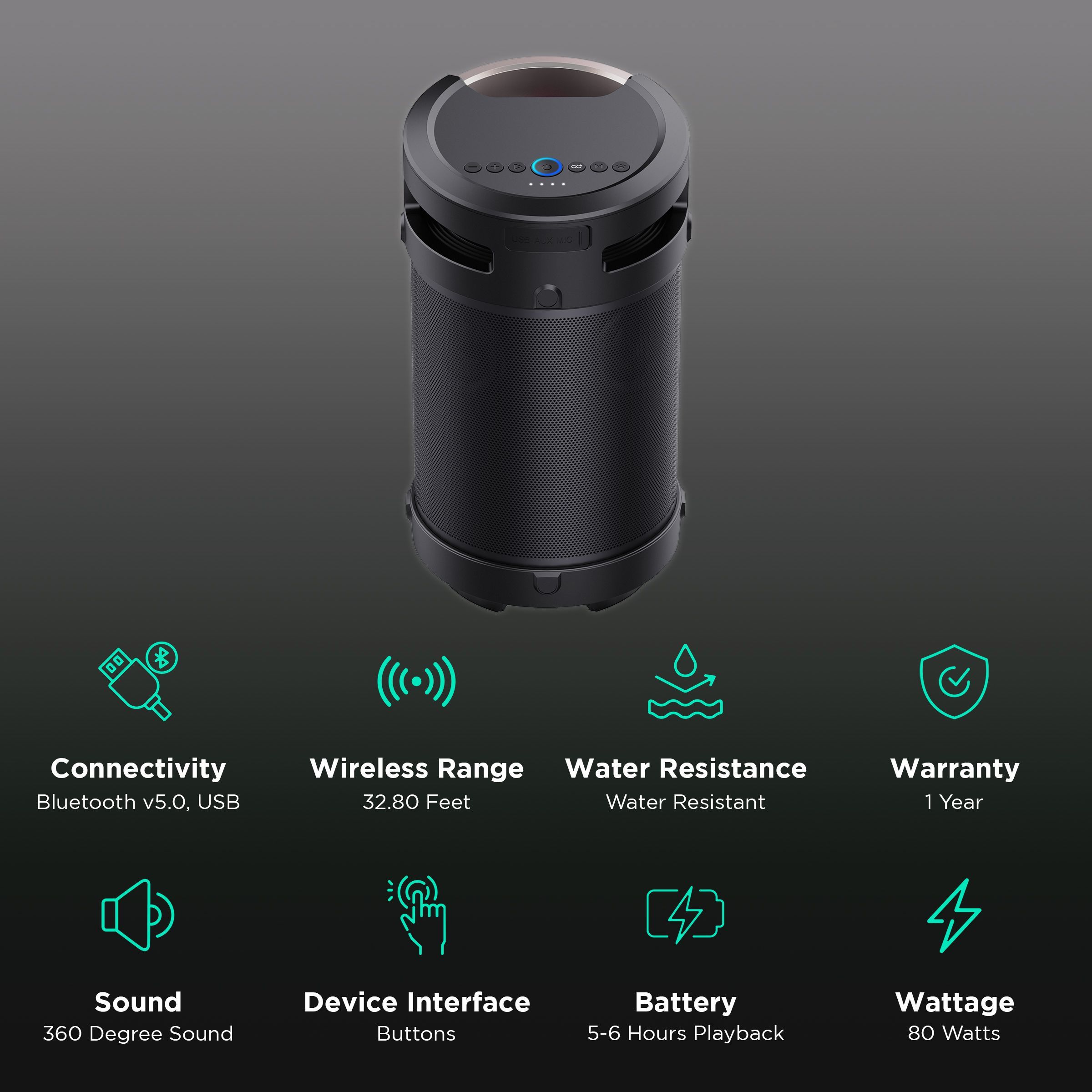 Croma 80W Portable Bluetooth Speaker (Water Resistant, 360 Degree Sound, 4.1 Channel, Black)_2