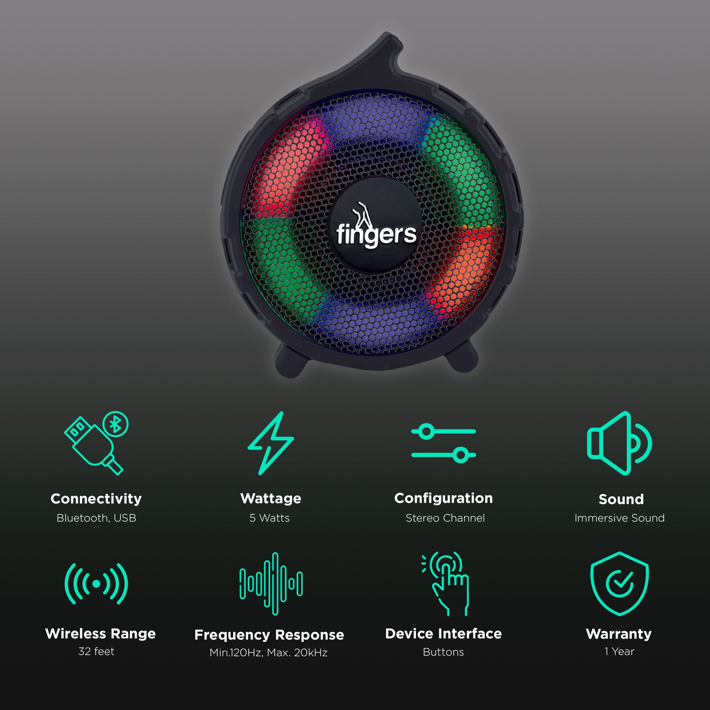 fingers RGB-Gem 5W Portable Bluetooth Speaker (8 Hours Playtime, Stereo Channel, Classic Black)_2