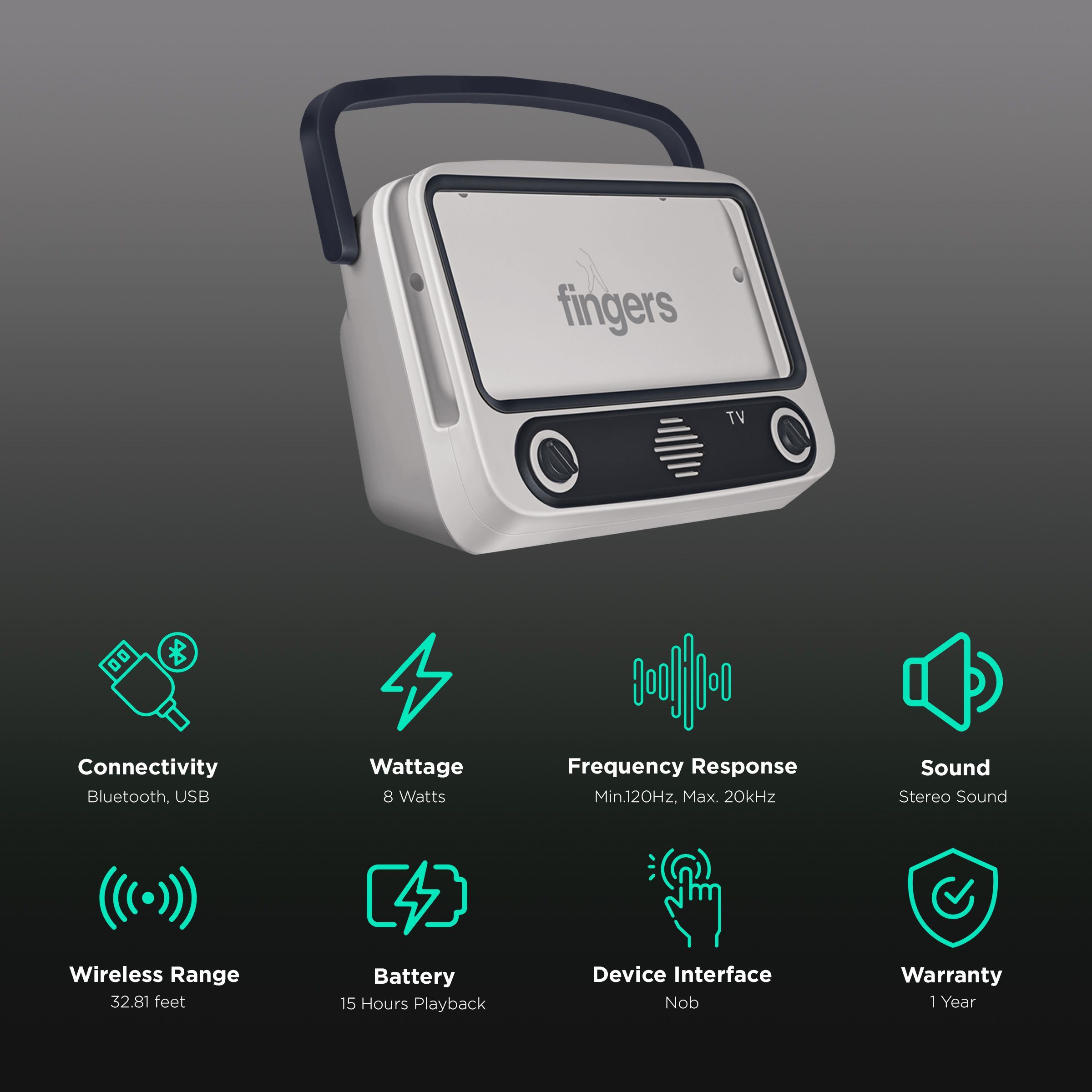 fingers My-Own-TV (MOT) 8W Portable Bluetooth Speaker (15 Hours Playtime, Ivory White)_2