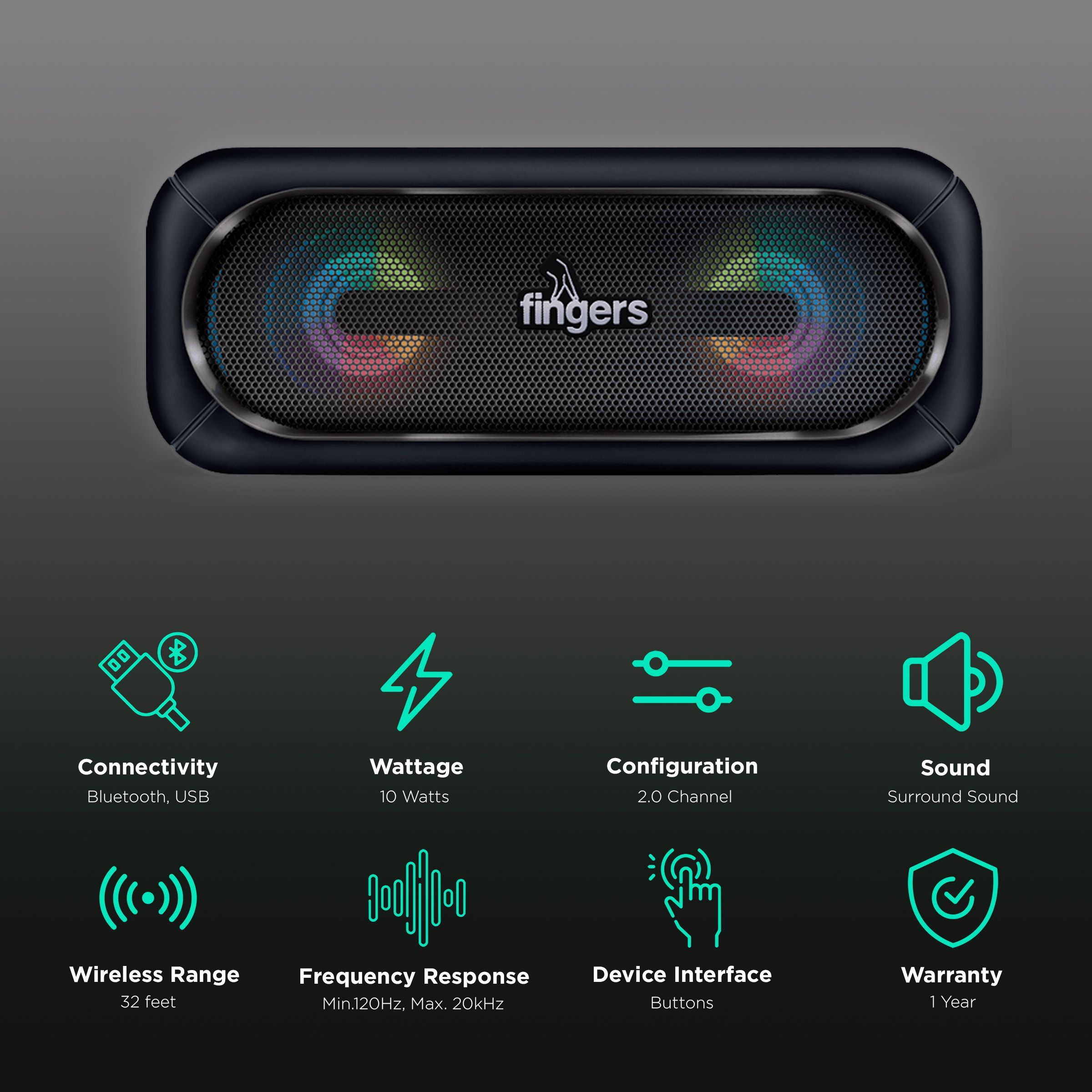 fingers SuperLit 10W Portable Bluetooth Speaker (9 Hours Playtime, 2.0 Channel, Rich Black)_2