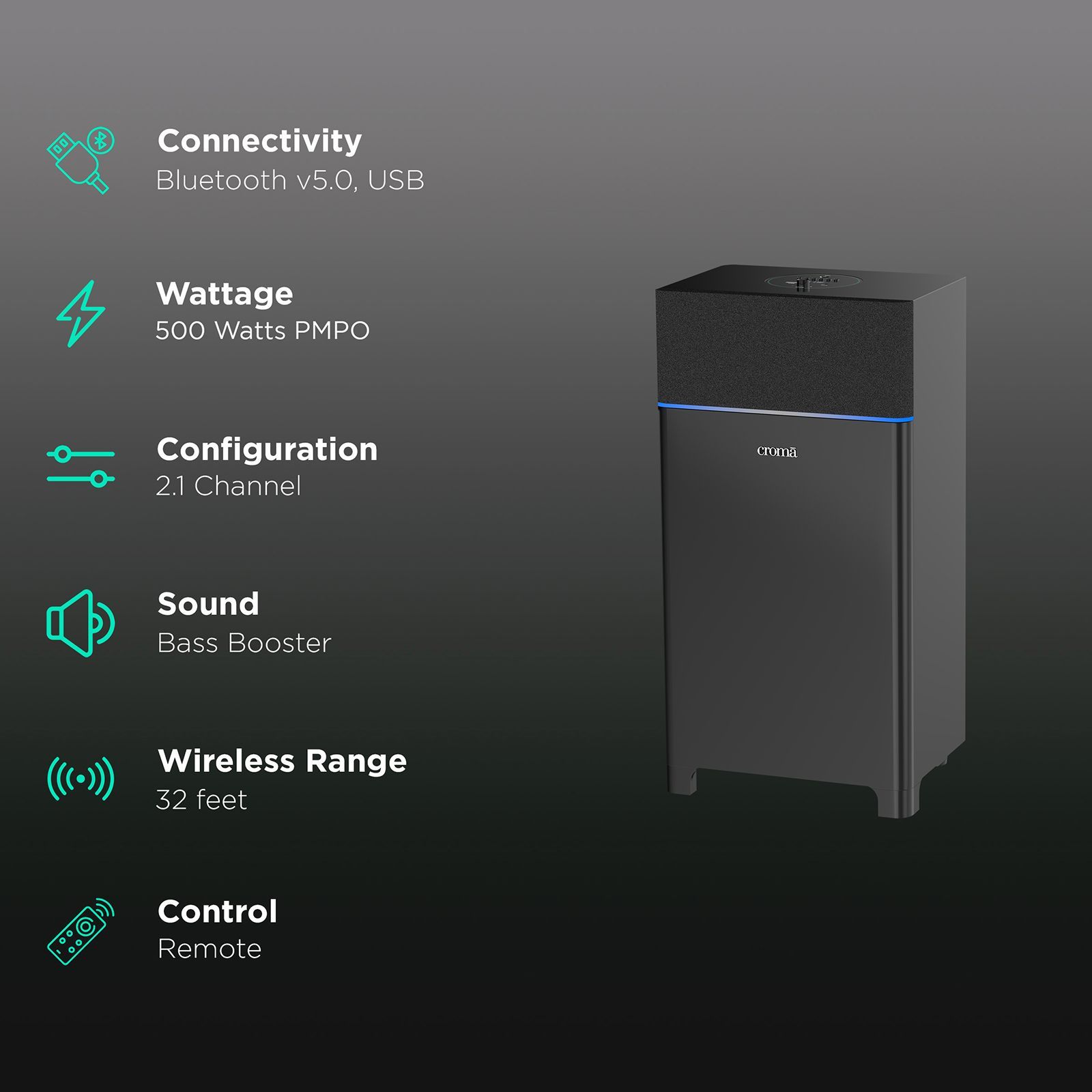 Croma 50W RMS Bluetooth Party Speaker with Wired Mic (Bass Booster Sound, 2.1 Channel, Black)_2