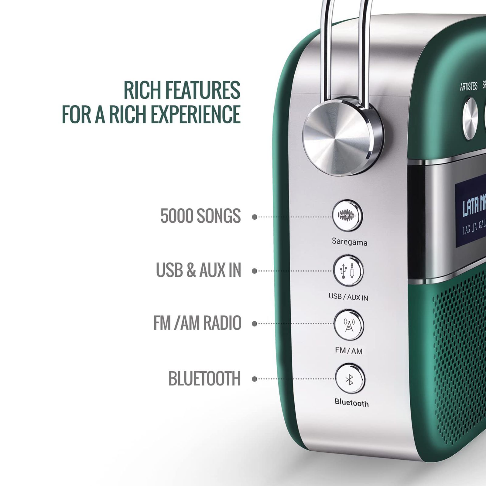SAREGAMA Carvaan Premium Hindi 10W Portable Bluetooth Speaker (5 Hours Playtime, 2.0 Channel, Emerald Green)_9
