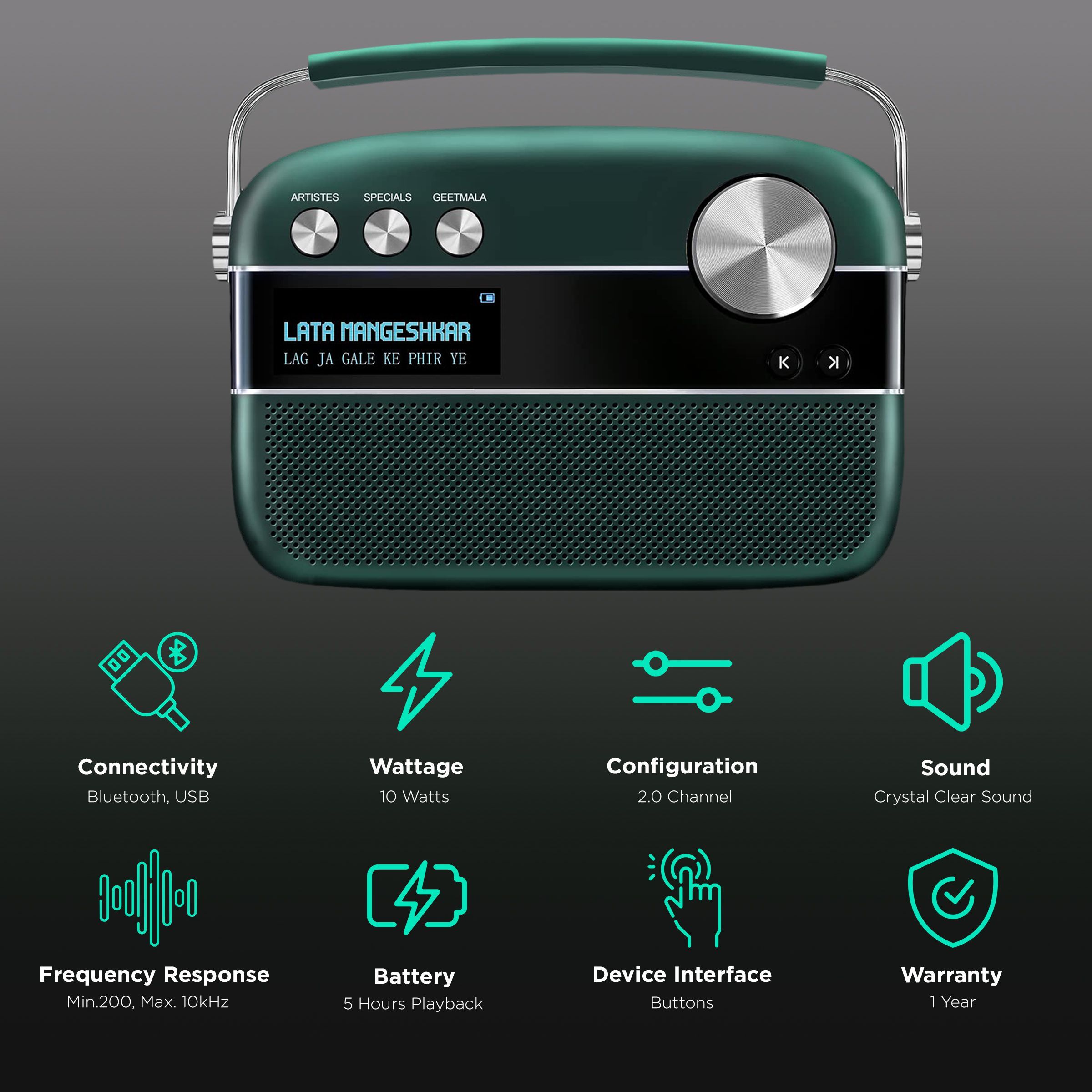 SAREGAMA Carvaan Premium Hindi 10W Portable Bluetooth Speaker (5 Hours Playtime, 2.0 Channel, Emerald Green)_2