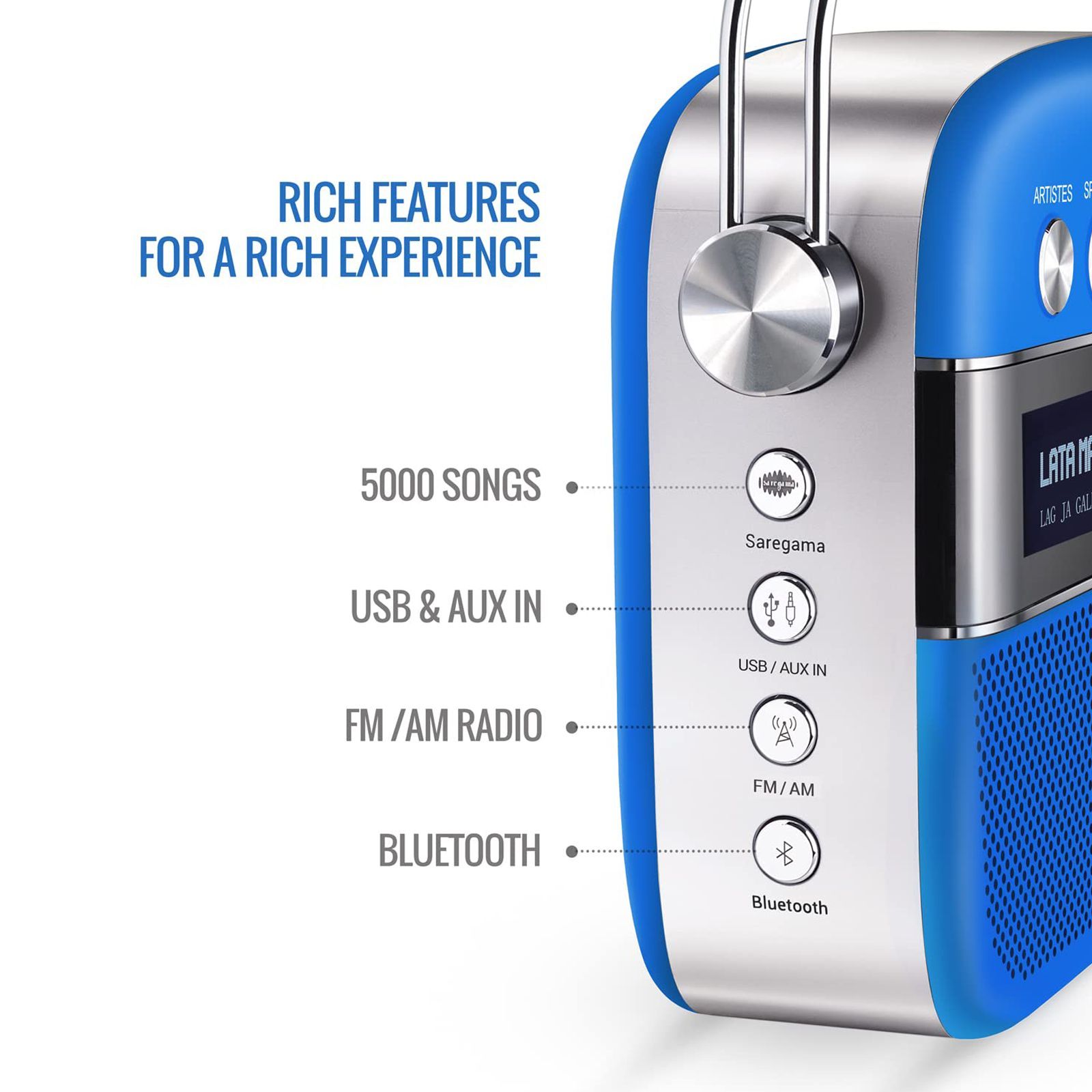 SAREGAMA Carvaan Premium Hindi 10W Portable Bluetooth Speaker (5 Hours Playtime, 2.0 Channel, Cobalt Blue)_9