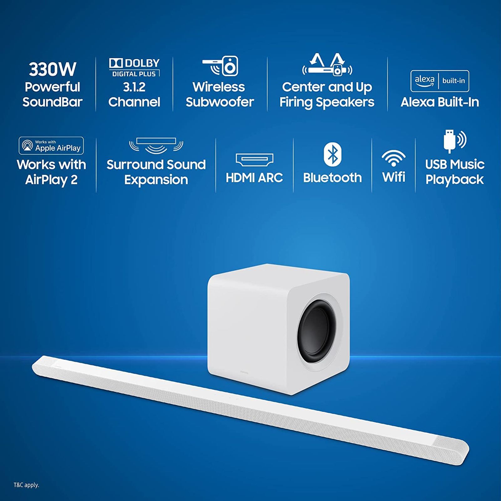 SAMSUNG S801B 330W Bluetooth Soundbar with Remote (Dolby Atmos, 3.1.2 Channel, White)_10