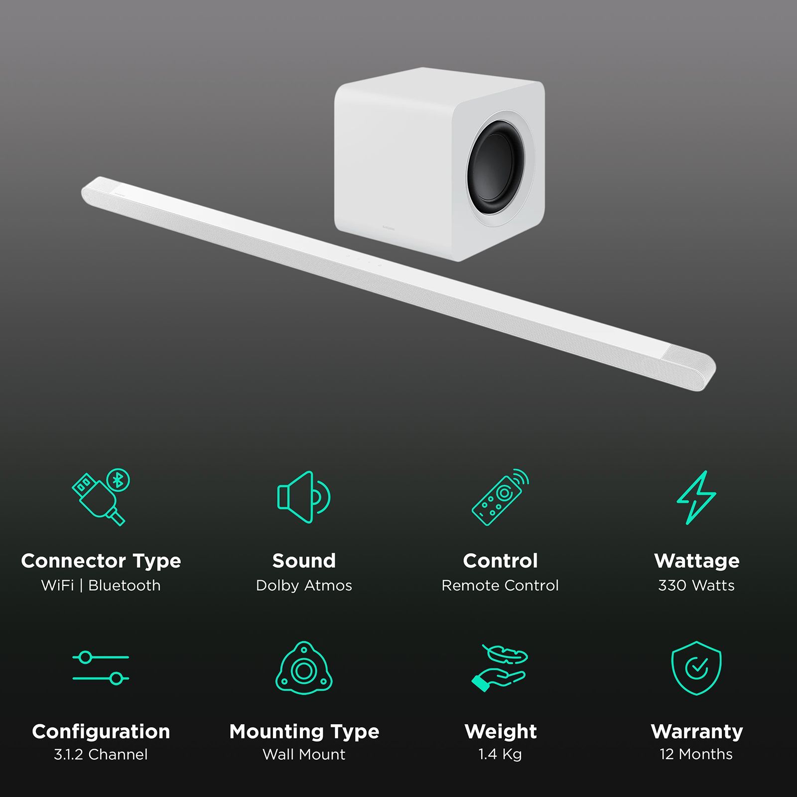 SAMSUNG S801B 330W Bluetooth Soundbar with Remote (Dolby Atmos, 3.1.2 Channel, White)_2