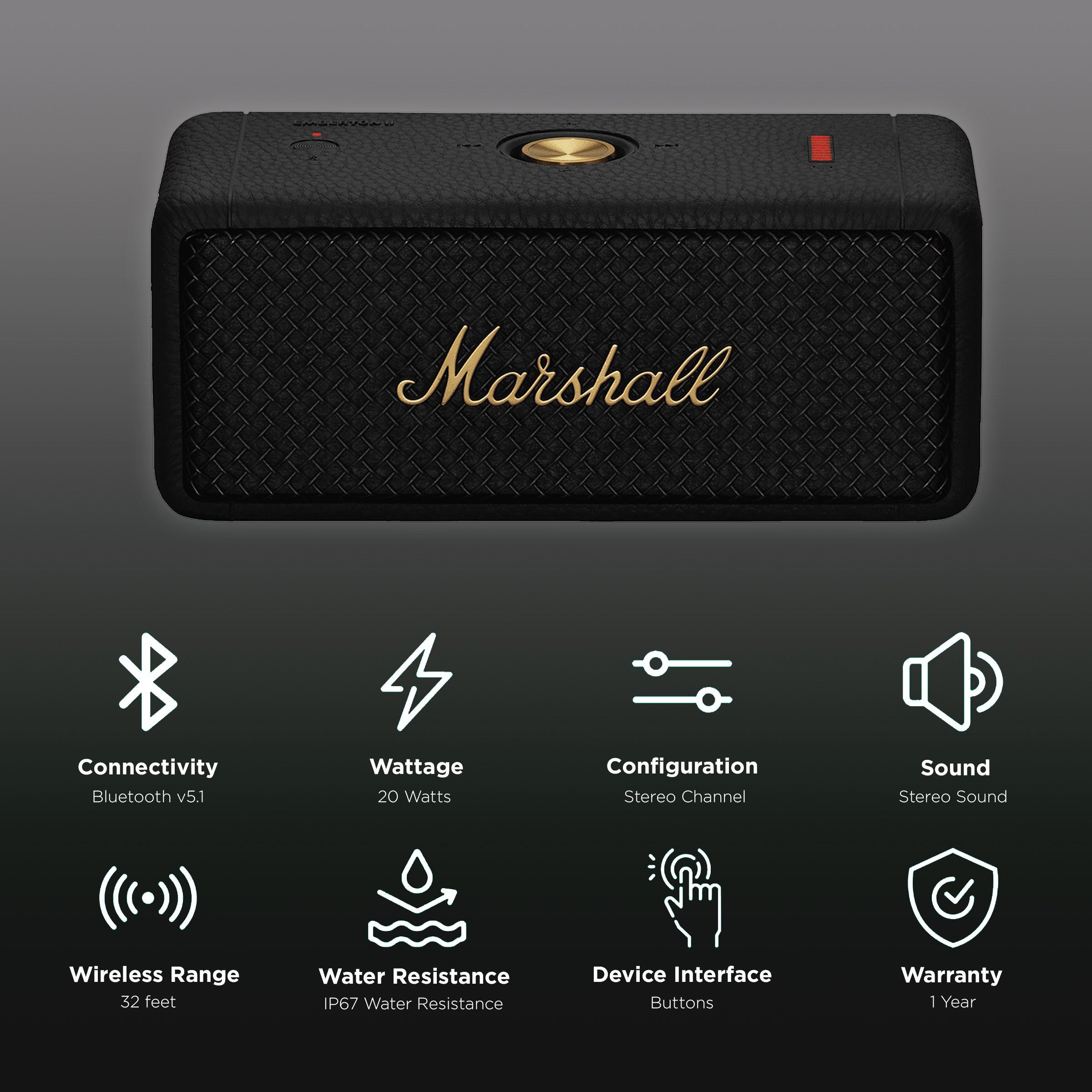 Marshall Emberton II 20W Portable Bluetooth Speaker (IP67 Water Resistant, Multi-directional Control Knob, Stereo Channel, Black & Brass) Marshall Emberton II 20W Portable Bluetooth Speaker (IP67 Water Resistant, Multi-directional Control Knob, Stereo Channel, Black & Brass)_2
