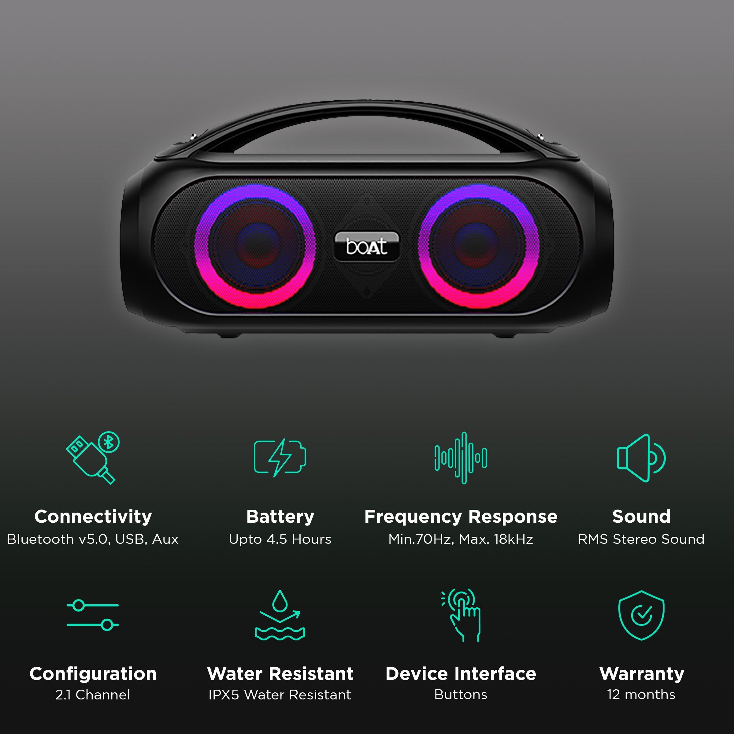 boAt Party Pal 50 20W Portable Bluetooth Speaker (IPX5 Water Resistant, 2.1 Channel, Black)_2